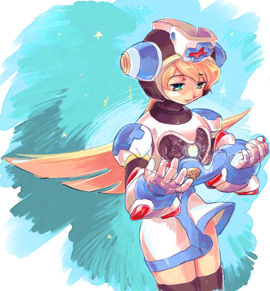 ariga hitoshi, cinnamon (mega man), cinnamon gaudille, capcom, mega man (series), mega man x: command mission, mega man x (series), bad id, bad pixiv id, 1girl, blonde hair, blue eyes, female focus, nurse, robot, solo, star (symbol)