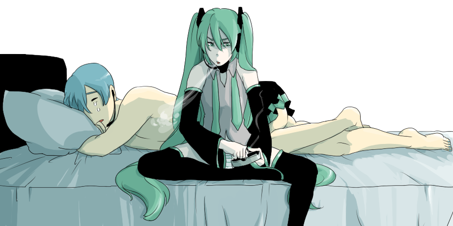 harada, hatsune miku, kaito (vocaloid), vocaloid, bad id, bad pixiv id, 1boy, 1girl, aftersex, ashtray, barefoot, blue hair, cigarette, crossdressing, detached sleeves, green hair, hetero, long hair, lying, necktie, panties, pillow, role reversal, ruined for marriage, sitting, skirt, smoking, striped clothes, striped panties, tears, thighhighs, twintails, underwear