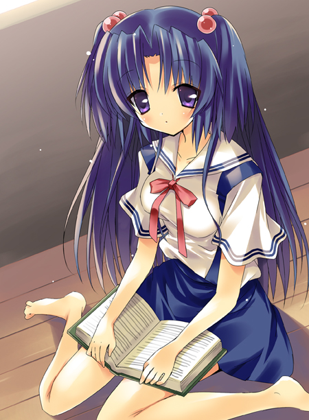 paco, ichinose kotomi, clannad, 00s, 1girl, barefoot, book, bow, female focus, hair bobbles, hair ornament, long hair, open book, purple eyes, purple hair, school uniform, serafuku, sitting, solo, twintails, two side up, wariza