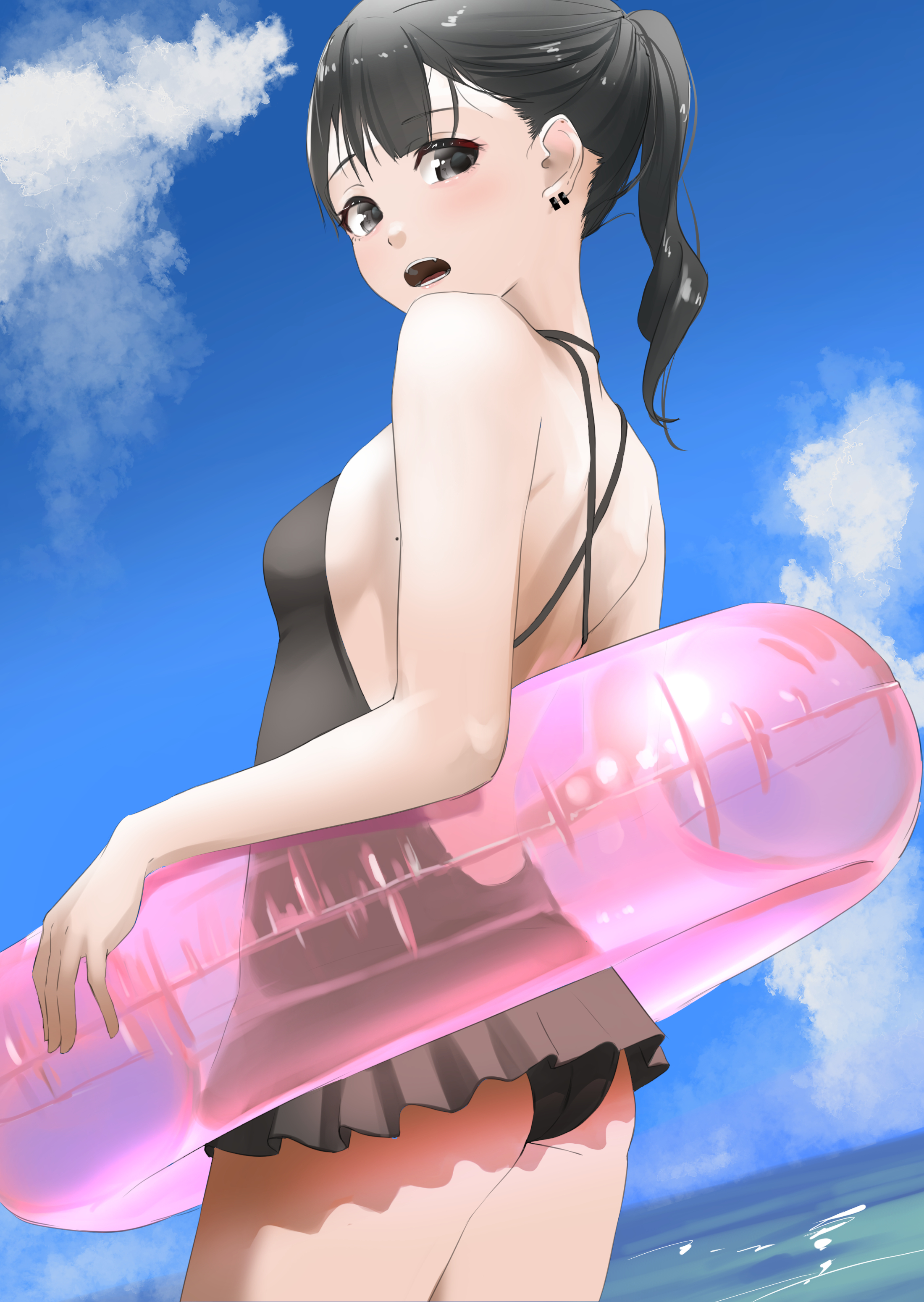 tama (tamago), original, absurdres, commentary request, commission, highres, skeb commission, 1girl, ass, backless swimsuit, black eyes, black hair, black one-piece swimsuit, blue sky, breasts, cloud, earrings, frilled one-piece swimsuit, frills, innertube, jewelry, ocean, one-piece swimsuit, open mouth, ponytail, sky, small breasts, solo, swim ring, swimsuit