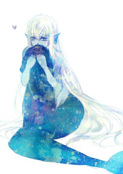 tsuna2727, undine (azazel-san), yondemasu yo azazel-san., commentary request, 1girl, aqua skin, blonde hair, blue eyes, colored skin, fins, head fins, holding, holding unworn clothes, long hair, mermaid, monster girl, nude, sitting, solo, very long hair