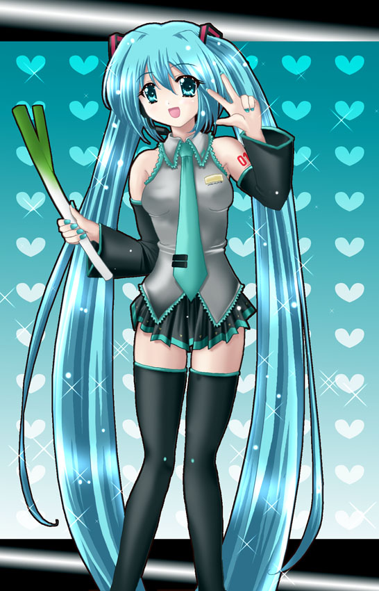 yukinyan, hatsune miku, vocaloid, aqua eyes, aqua hair, headphones, laughing, long hair, necktie, solo, spring onion, tattoo, thighhighs, twintails, v, very long hair