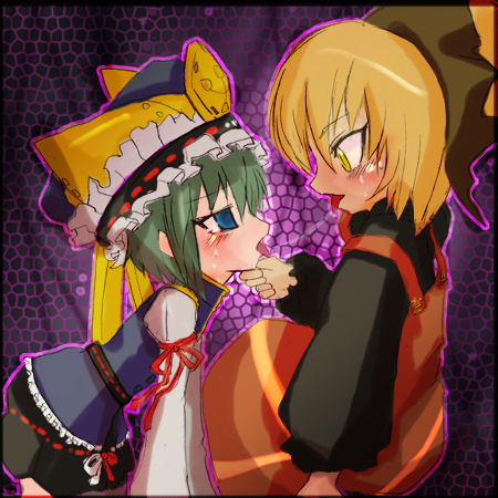 eimin, kurodani yamame, shiki eiki, touhou, lowres, 2girls, blonde hair, blue eyes, blush, female focus, green hair, hat, multiple girls, saliva, saliva trail, tongue, yellow eyes, yuri