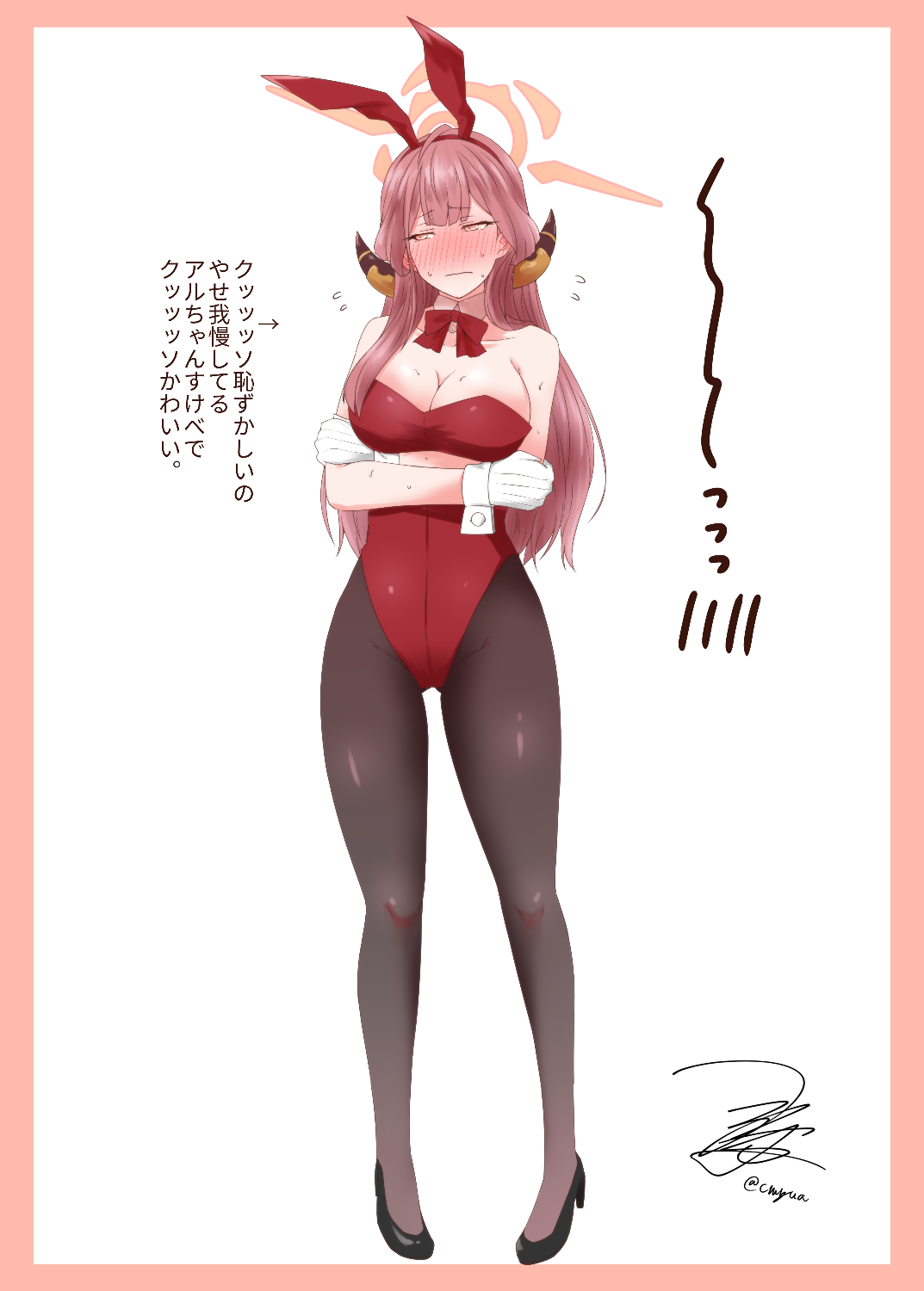 yua (checkmate), aru (blue archive), blue archive, commentary request, highres, translation request, 1girl, animal ear hairband, animal ears, black pantyhose, black shoes, blush, bow, bowtie, breasts, brown horns, crossed arms, demon horns, detached collar, embarrassed, facing viewer, fake animal ears, full-face blush, full body, hairband, halo, horns, large breasts, leotard, pantyhose, pink hair, pink halo, playboy bunny, rabbit ears, red bow, red bowtie, red leotard, shoes, sideways glance, solo, strapless, strapless leotard, wrist cuffs