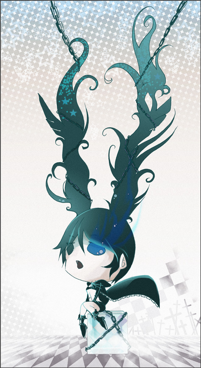 cos (kaito00747), black rock shooter (character), black rock shooter, vocaloid, bad id, bad pixiv id, 10s, 1girl, black hair, blue eyes, boots, chain, chibi, female focus, long hair, midriff, scar, sitting, solo, very long hair