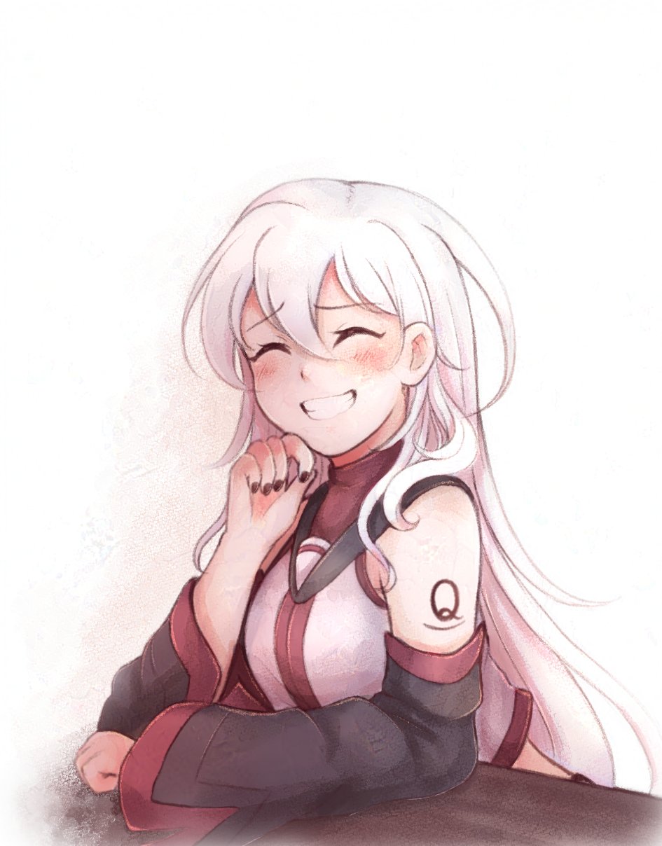 chanpotei, sukone tei, utau, commentary, english commentary, highres, 1girl, arm rest, blush, closed eyes, crop top, detached sleeves, elbow rest, facing viewer, grin, long hair, long sleeves, midriff, nail polish, sailor collar, shirt, sleeveless, sleeveless shirt, smile, solo, table, turtleneck, white hair