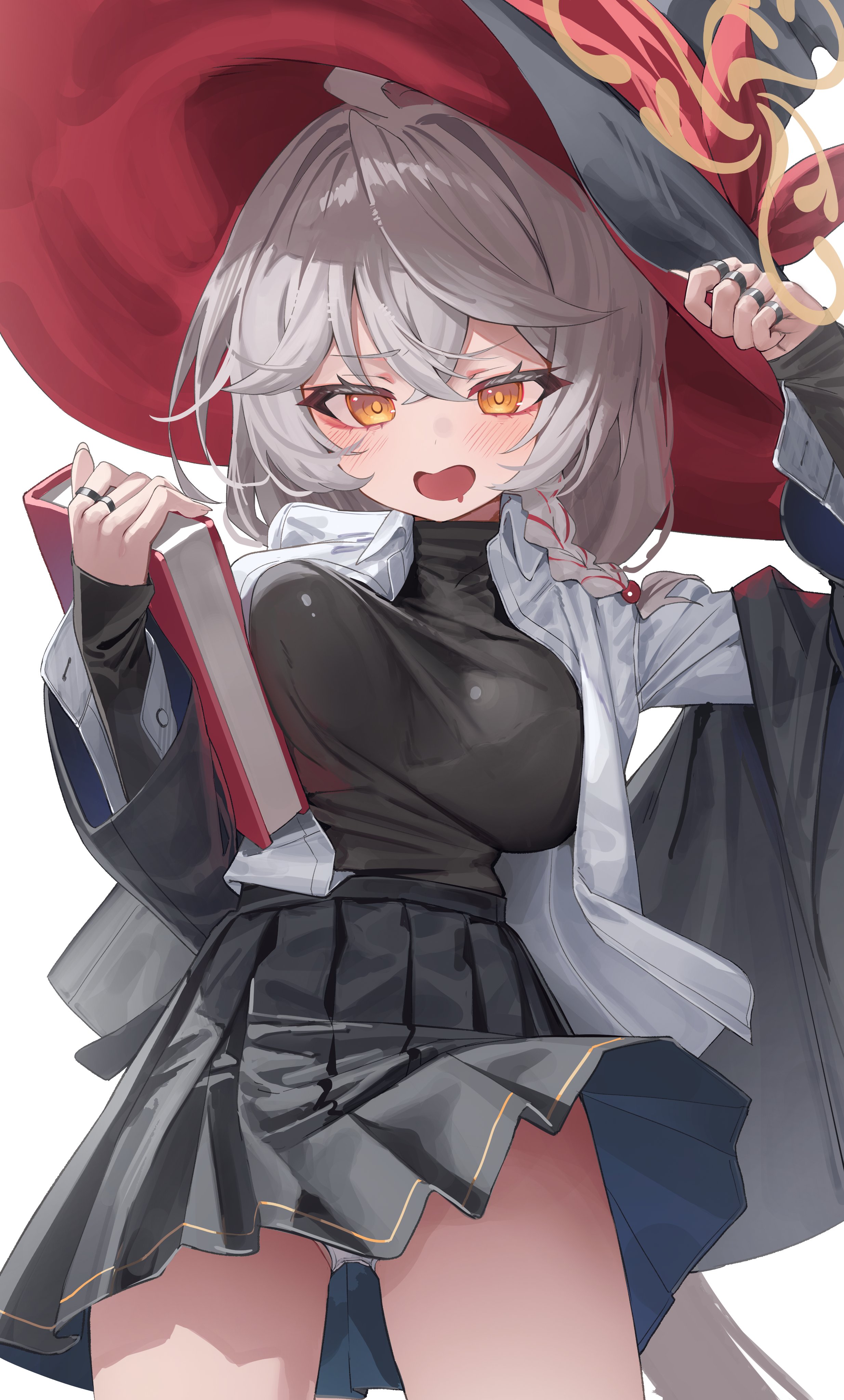 kerno, eri (blue archive), blue archive, absurdres, highres, 1girl, black coat, black shirt, black skirt, blush, breasts, coat, crossed bangs, grey hair, hat, jacket, long hair, long sleeves, looking at viewer, open mouth, panties, red hat, shirt, simple background, skirt, solo, standing, underwear, white background, white jacket, white panties, witch hat, yellow eyes