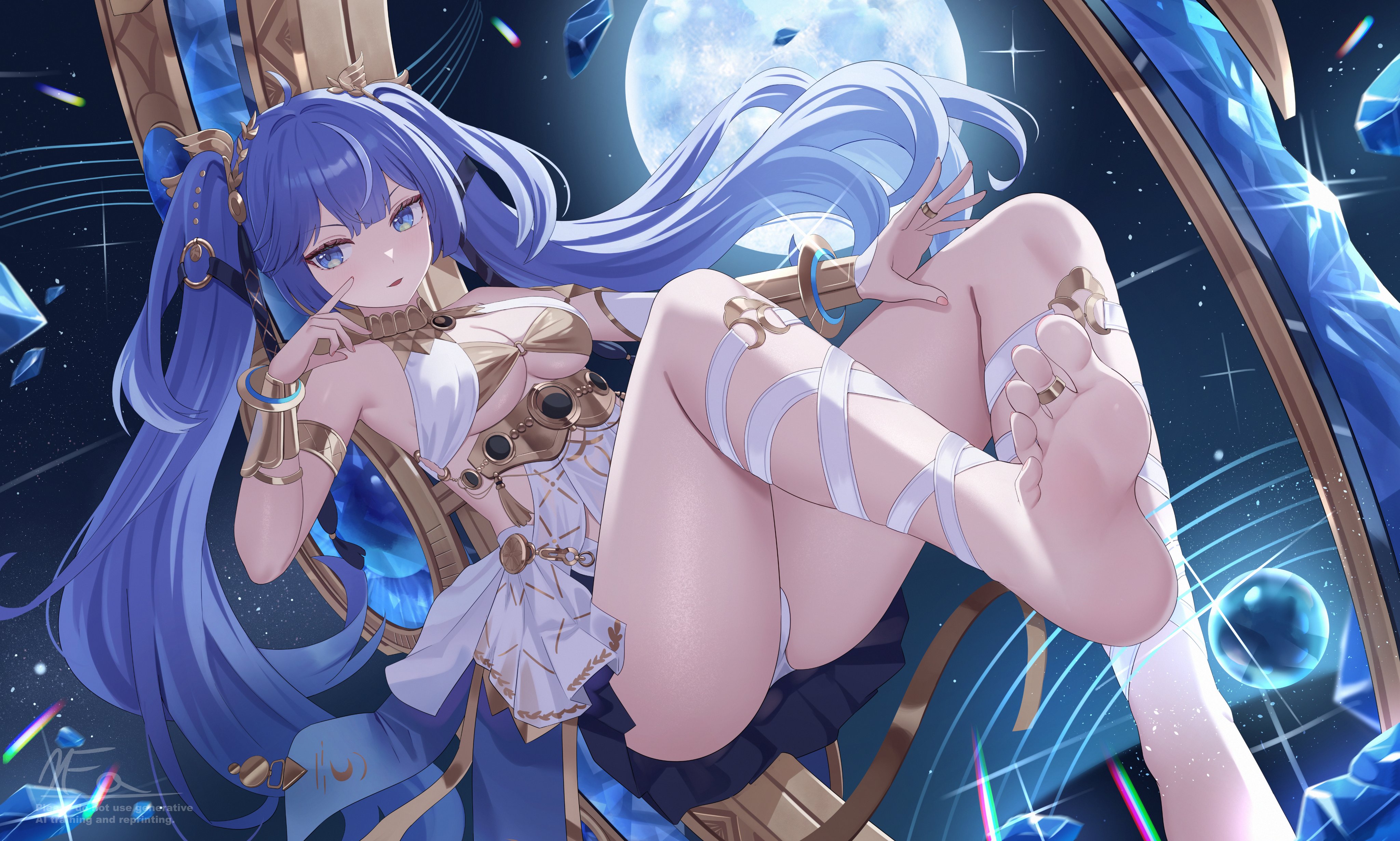 mirufuaa, iuno (wuthering waves), wuthering waves, absurdres, commentary, highres, 1girl, ahoge, ancient greek clothes, armlet, bare shoulders, barefoot, black skirt, blue eyes, blue hair, breasts, cleavage, feet, full moon, gold bra, greco-roman clothes, jewelry, laurel crown, leg wrap, long hair, looking at viewer, medium breasts, moon, multicolored hair, orb, parted lips, skirt, soles, solo, streaked hair, thighs, toe ring, toes, twintails, vambraces