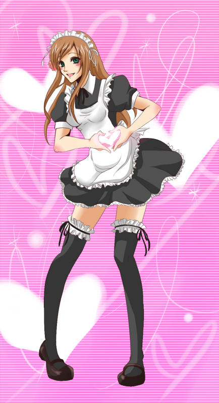 nanabi (pleasure), hungary (hetalia), axis powers hetalia, k-on!, bad id, bad pixiv id, 00s, 1girl, black thighhighs, brown hair, female focus, flower, green eyes, hair ornament, heart, heart hands, legs, maid, moe moe kyun!, pigeon-toed, solo, thighhighs, zettai ryouiki