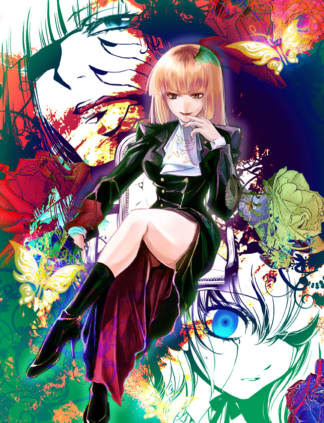 mamiya t, chiester00, chiester sisters, ushiromiya maria, ushiromiya rosa, umineko no naku koro ni, 00s, blonde hair, blue eyes, boots, bug, butterfly, colorful, hime cut, legs, tears