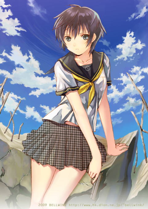 seiru (prairie), shirogane naoto, atlus, persona, persona 4, 1girl, blue eyes, blue hair, cloud, day, female focus, gun, handgun, matching hair/eyes, pistol, school uniform, serafuku, short hair, skirt, sky, solo, weapon