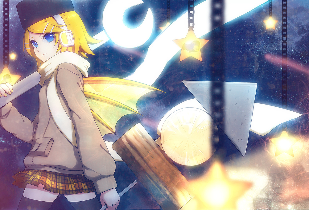 menou kururu, kagamine rin, psycho-puzzle, vocaloid, blonde hair, blue eyes, chain, hair ornament, hairclip, hat, headphones, night, scarf, short hair, skirt, solo, thighhighs, wings, wrench