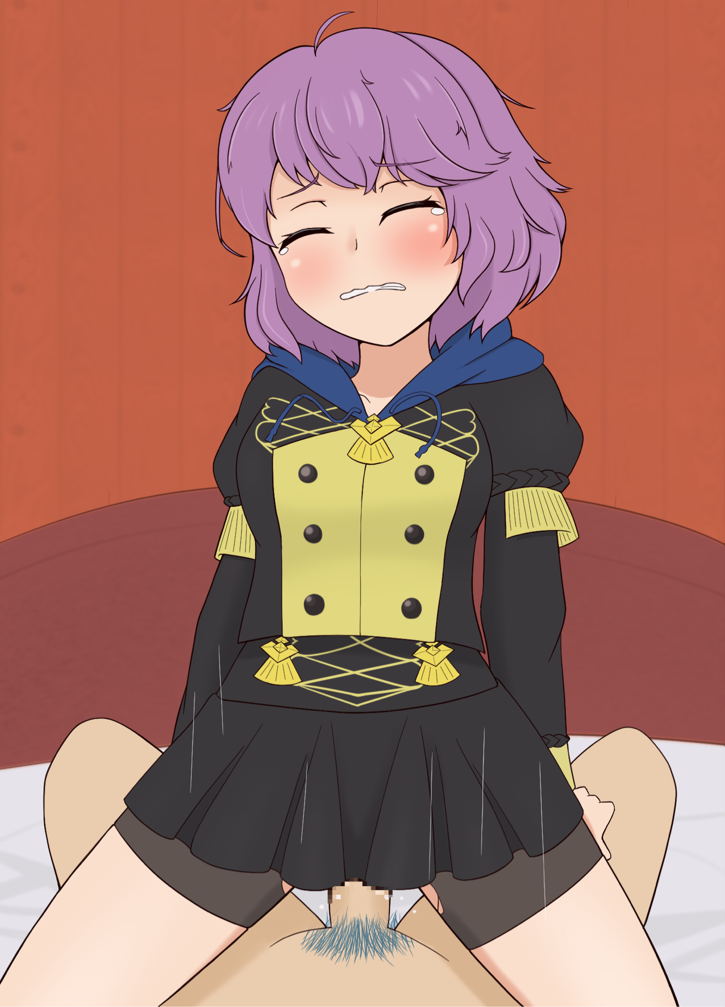 yoshio hentai, bernadetta von varley, male byleth (fire emblem), fire emblem, fire emblem: three houses, nintendo, commentary request, highres, textless version, 1boy, 1girl, ahoge, bike shorts, black skirt, blush, breasts, censored, closed eyes, cowgirl position, garreg mach monastery uniform, hetero, hood, hood down, long sleeves, male pubic hair, messy hair, mosaic censoring, penis, pov, pubic hair, purple hair, pussy juice, sex, short hair, skirt, small breasts, solo focus, straddling, torn clothes, wavy mouth