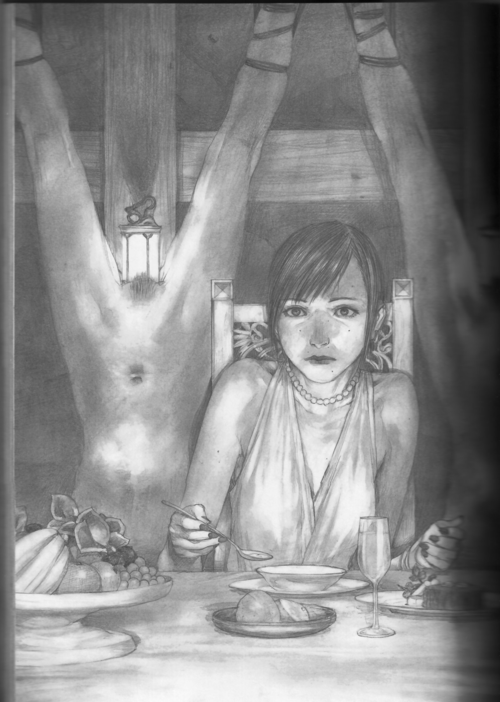 hiroaki samura, highres, 2girls, bdsm, black hair, chair, dress, food, glass, jewelry, lamp, monochrome, multiple girls, navel, necklace, nude, pencil, pubic hair, realistic, short hair, spoon, spread legs, top-down bottom-up