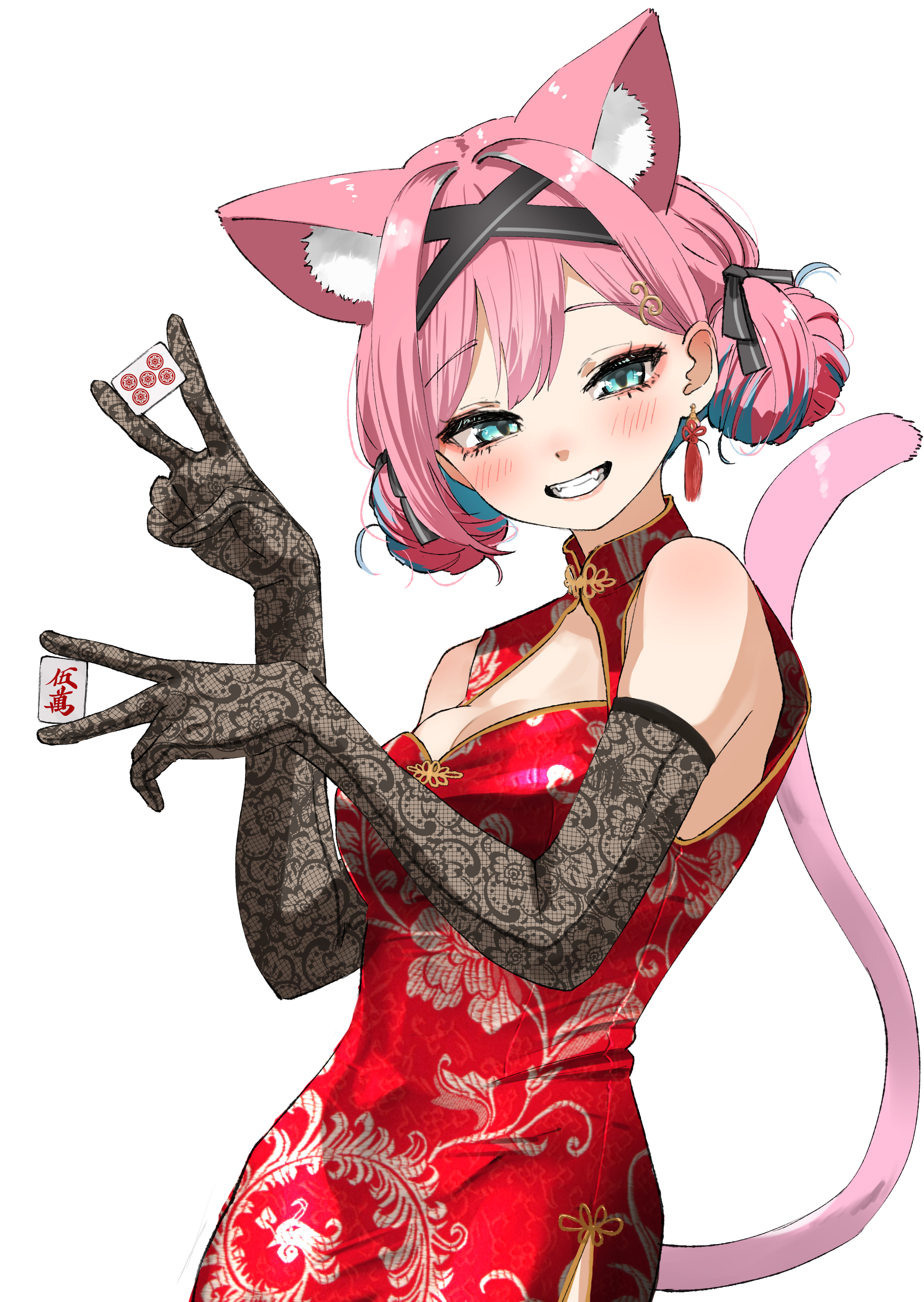 tama (tamago), nekonade kozeni, .live, absurdres, commentary request, highres, 1girl, animal ears, black gloves, blue eyes, breasts, cat ears, cat girl, cat tail, china dress, chinese clothes, cleavage, cleavage cutout, clothing cutout, double bun, dress, earrings, elbow gloves, gloves, hair bun, hair intakes, holding, holding mahjong tile, jewelry, large breasts, looking at viewer, mahjong, mahjong tile, multicolored hair, pink hair, solo, streaked hair, tail, tassel, tassel earrings, two-tone hair, upper body, virtual youtuber