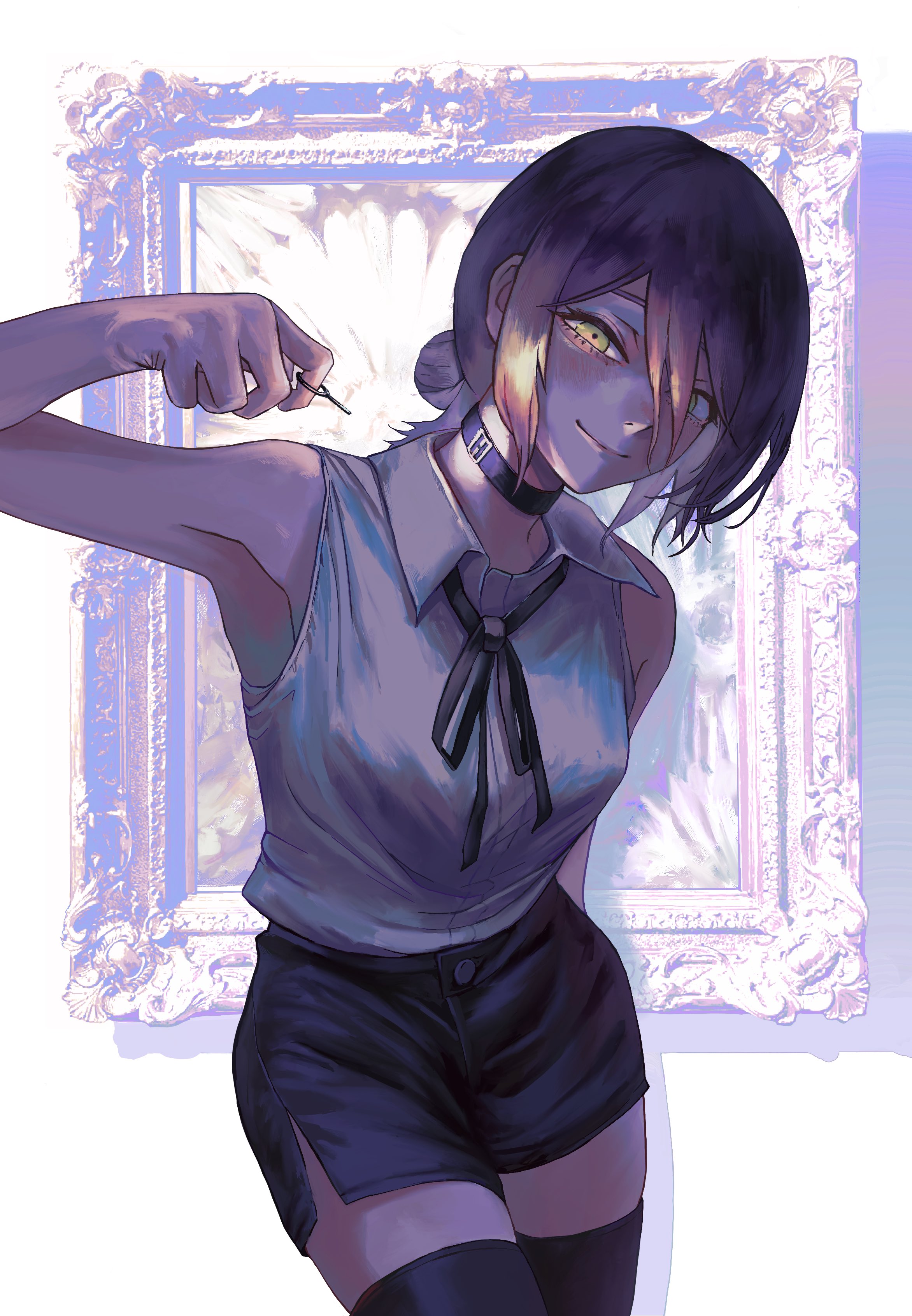 lui n24, reze (chainsaw man), chainsaw man, absurdres, highres, revision, 1girl, armpits, bare shoulders, black choker, black hair, black ribbon, black shorts, black skirt, blush, breasts, choker, closed mouth, collared shirt, cowboy shot, eyelashes, green eyes, grenade pin, hair between eyes, hair bun, hair over one eye, holding, holding jewelry, holding ring, jewelry, leaning forward, looking at viewer, medium hair, neck ribbon, nose, picture frame, ribbon, ring, shirt, shorts, side slit, side slit shorts, sidelocks, skirt, small breasts, smile, solo, white shirt