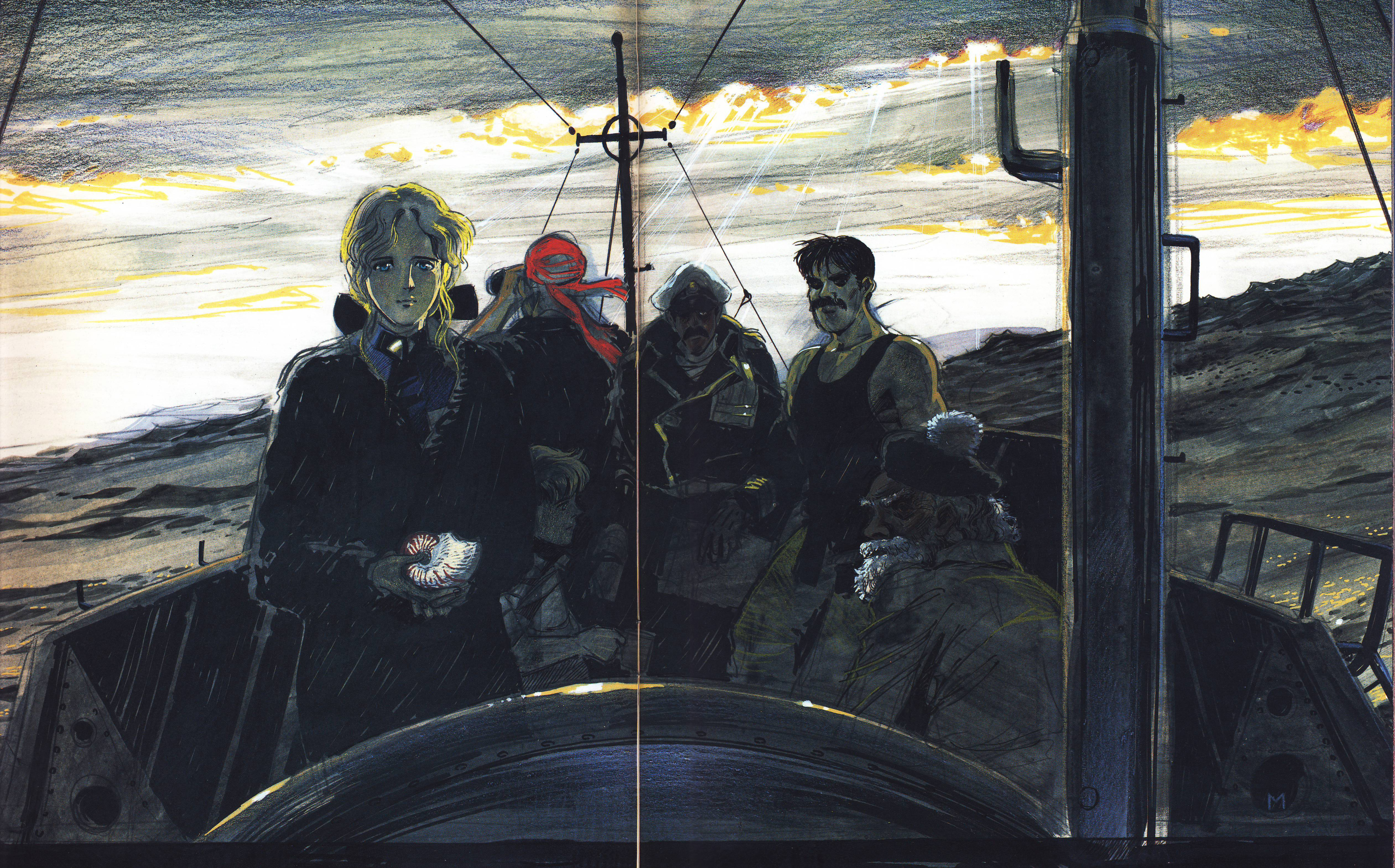 chief engineer (nadia), chief navigator (nadia), echo willan, electra (nadia), helmsman (nadia), nautilus, nemo (nadia), fushigi no umi no nadia, absurdres, artist request, highres, scan, scan artifacts, traditional media, 1990s (style), 1girl, 5boys, bandana, beret, facial hair, hat, military, military uniform, multiple boys, mustache, ocean, peaked cap, retro artstyle, shell, sky, submarine, watercraft