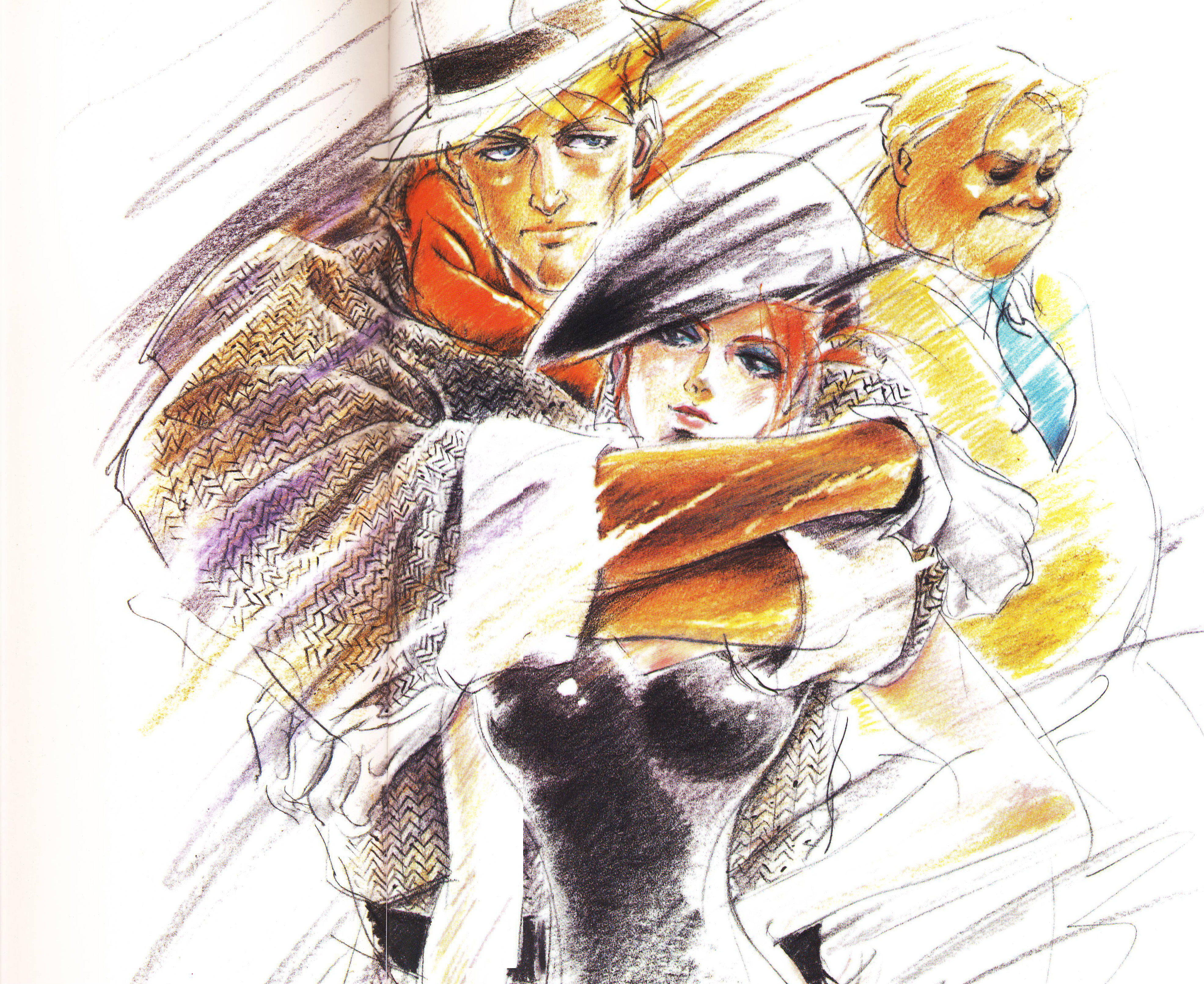 imakake isamu, grandis granva, hanson, sanson (nadia), fushigi no umi no nadia, absurdres, artist request, highres, scan, scan artifacts, 1990s (style), 1girl, 2boys, closed eyes, dress, formal clothes, hat, hug, multiple boys, necktie, red hair, retro artstyle, suit