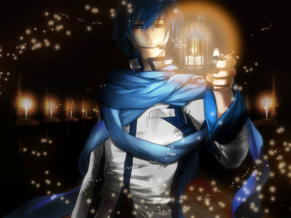 chawan fukasu, kaito (vocaloid), vocaloid, bad id, bad pixiv id, 1boy, blue eyes, blue hair, blue scarf, candle, dark, male focus, matching hair/eyes, scarf, smile, solo