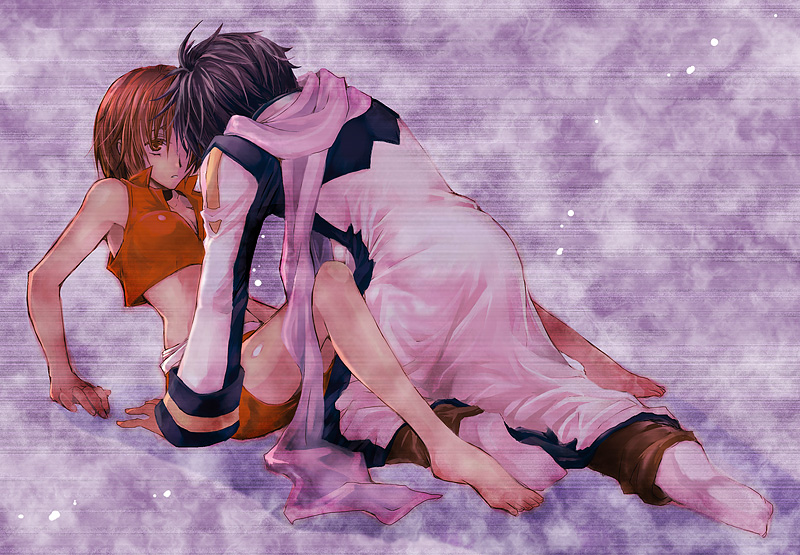 norihe, kaito (vocaloid), meiko (vocaloid), vocaloid, bad id, bad pixiv id, 1boy, 1girl, all fours, barefoot, blue hair, breasts, brown eyes, brown hair, cleavage, couple, feet, hetero, scarf, sitting