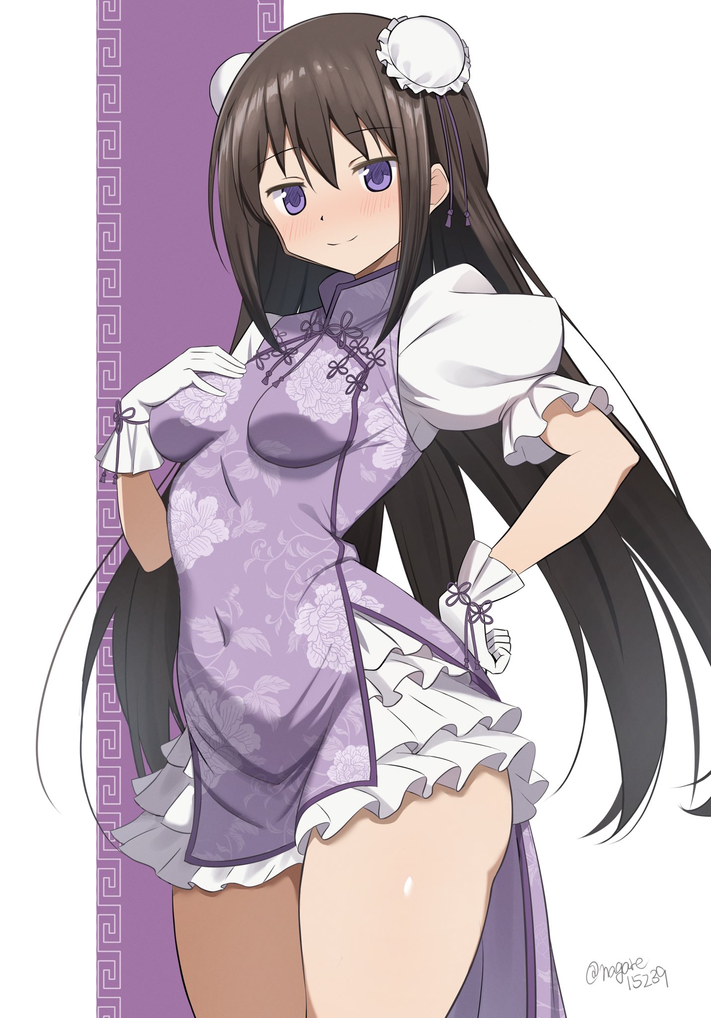 nagare (flow), akemi homura, mahou shoujo madoka magica, mahou shoujo madoka magica (anime), commentary request, highres, 1girl, black hair, blush, bow, breasts, bun cover, china dress, chinese clothes, covered navel, double bun, dress, floral print, frilled dress, frills, gloves, hair bun, juliet sleeves, long hair, long sleeves, looking at viewer, medium breasts, print dress, puffy sleeves, purple dress, purple eyes, ribbon, road, smile, solo, street, thick thighs, thighs, two-tone background