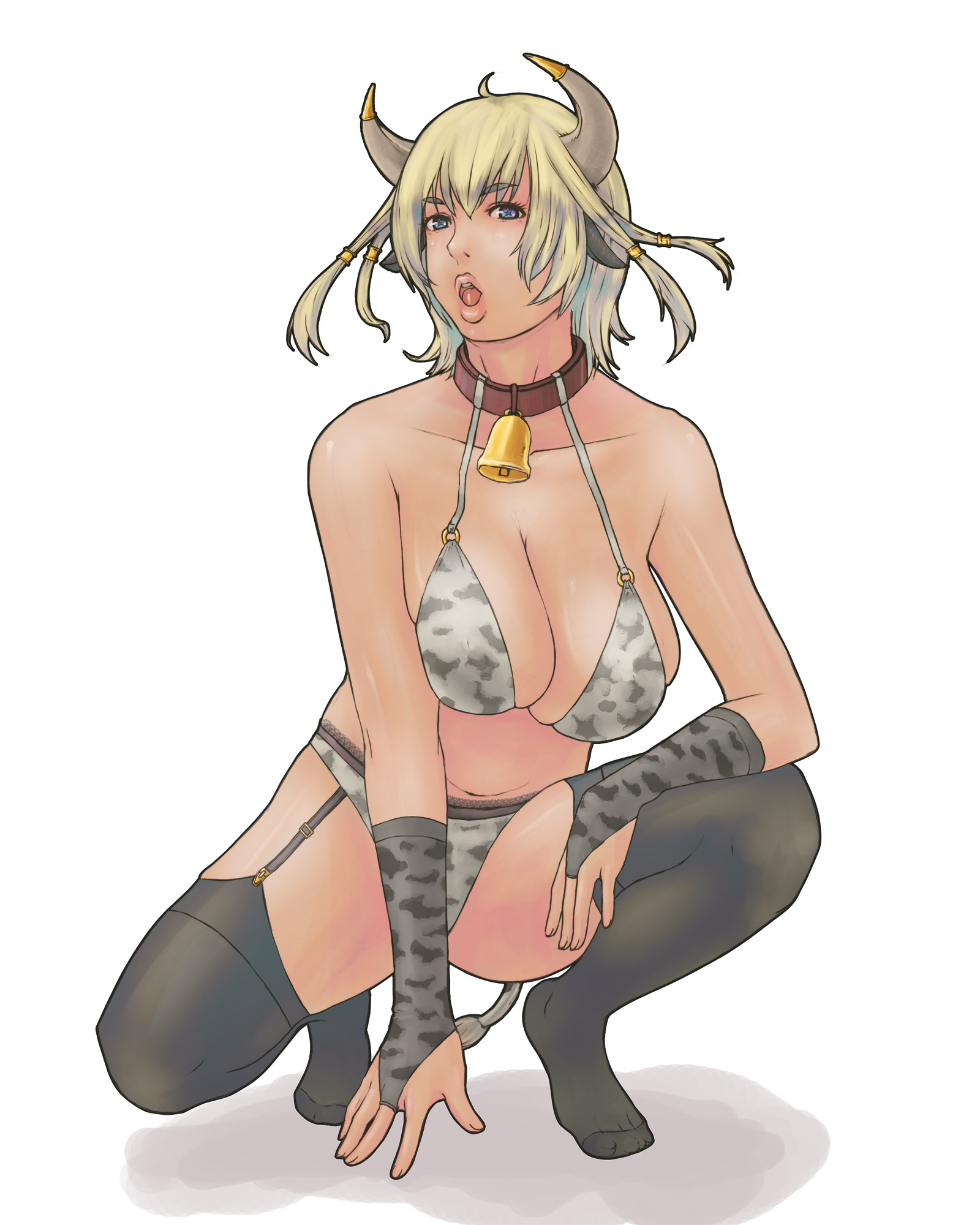 alva, original, highres, 1girl, animal ears, animal print, bell, blonde hair, blue eyes, breasts, cleavage, collar, cow ears, cow print, feet, female focus, garter belt, horns, large breasts, lingerie, neck bell, short hair, solo, thighhighs, underwear