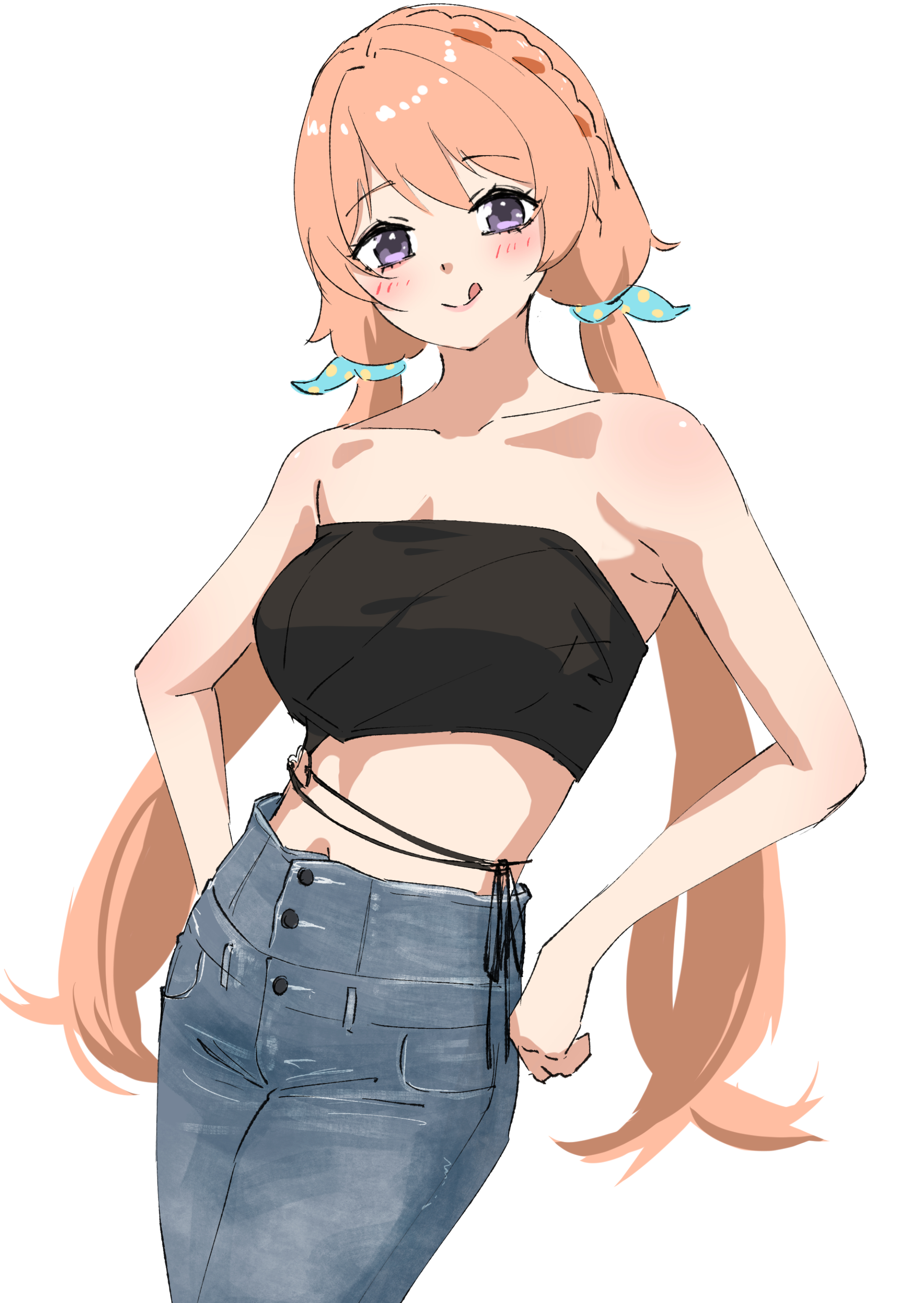 tama (tamago), nanahoshi milily, .live, absurdres, highres, 1girl, bandeau, bare shoulders, black bandeau, blue pants, braid, breasts, denim, hands on own hips, high-waist pants, jeans, large breasts, low twintails, midriff, navel, orange hair, pants, purple eyes, solo, tongue, tongue out, twintails, virtual youtuber