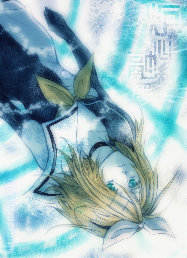 norihe, kagamine rin, meltdown, roshin yuukai (vocaloid), vocaloid, bad id, bad pixiv id, aqua eyes, blonde hair, choker, dress, elbow gloves, falling, gloves, hair ornament, hair ribbon, hairclip, long hair, ribbon, sailor dress, solo, thighhighs, zettai ryouiki