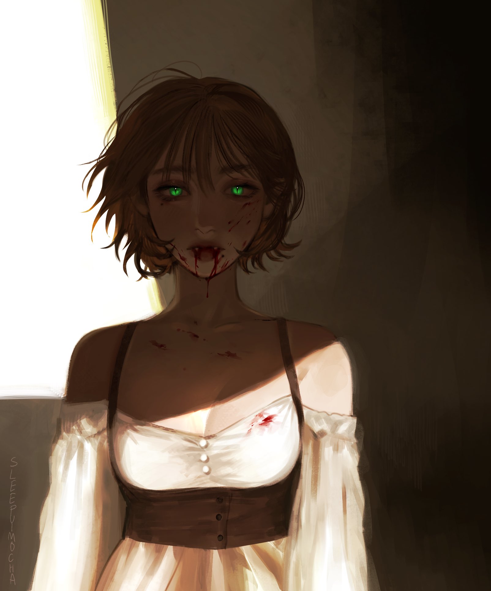 sleepymocha, original, commentary, english commentary, highres, 1girl, arms at sides, artist name, blood, blood drip, blood on chest, blood on face, breasts, brown hair, choppy bangs, cleavage, collarbone, detached sleeves, dress, glowing, glowing eyes, green eyes, long sleeves, looking at viewer, mole, mole under eye, parted lips, red lips, shadow, shay (sleepymocha), short hair, sleeveless, sleeveless dress, solo, straight-on, upper body, vampire, white dress