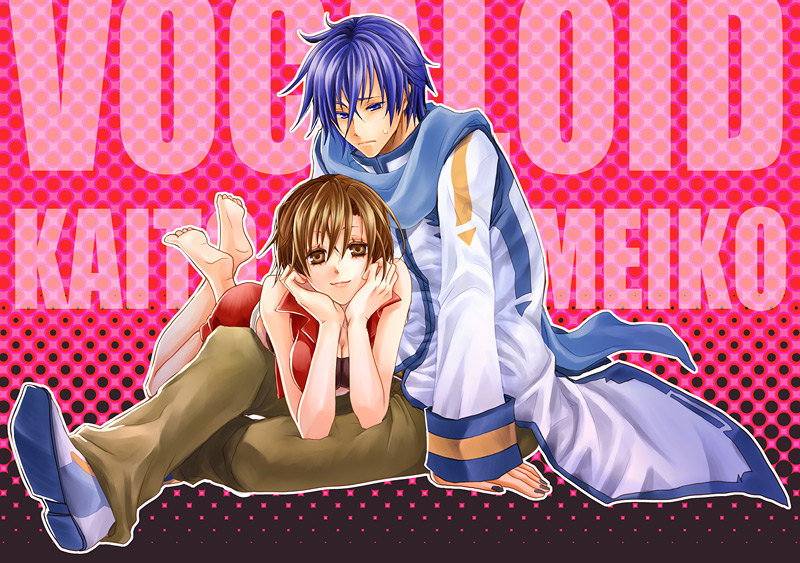 norihe, kaito (vocaloid), meiko (vocaloid), vocaloid, bad id, bad pixiv id, 1boy, 1girl, barefoot, blue eyes, blue hair, blue scarf, breasts, brown eyes, brown hair, character name, cleavage, copyright name, couple, crossed legs, english text, feet, halftone, halftone background, hetero, lying, medium breasts, on stomach, outline, scarf, sitting, smile, soles, sweat