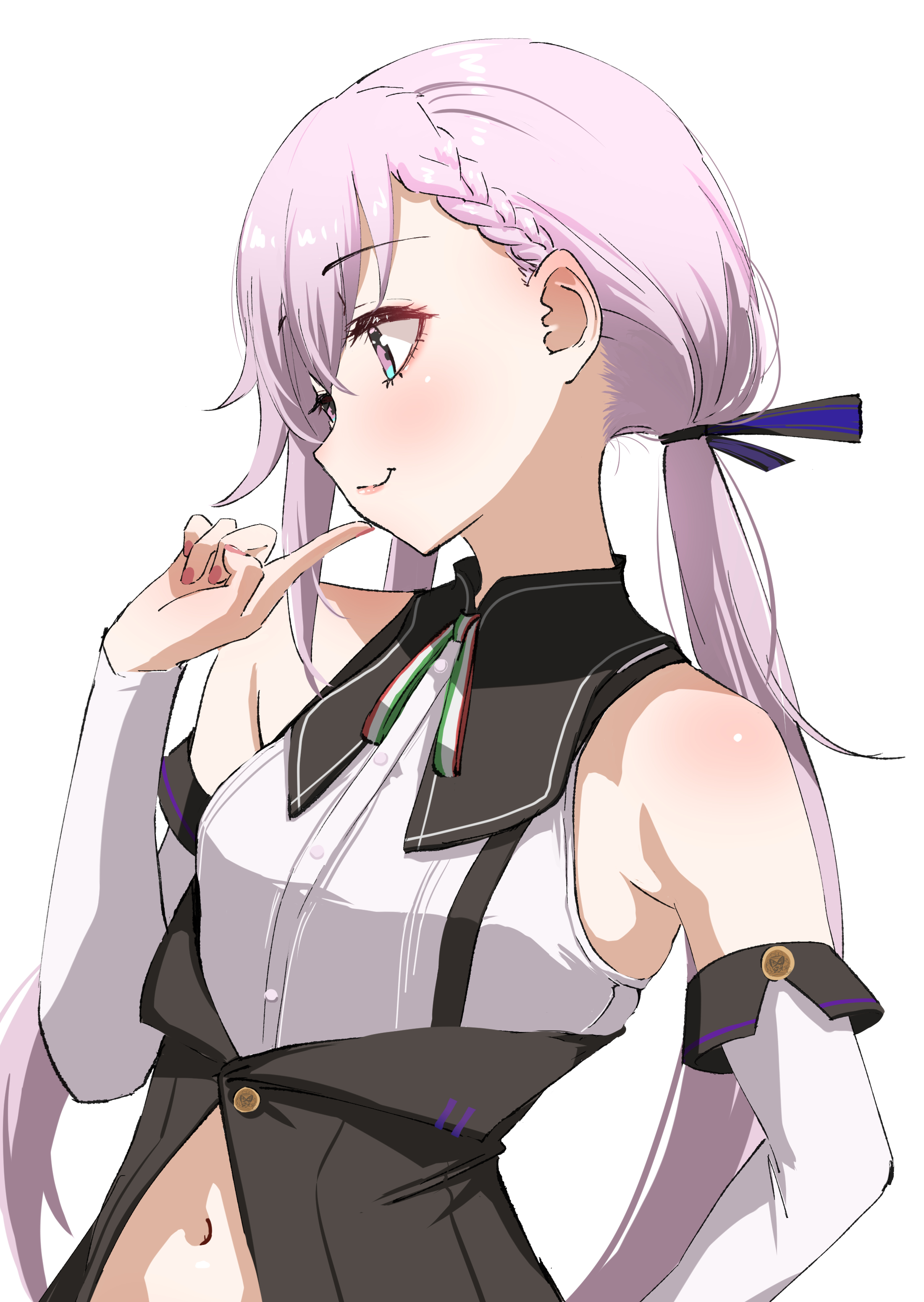 tama (tamago), carro pino, .live, absurdres, commentary request, highres, 1girl, bare shoulders, blue eyes, blush, braid, breasts, detached sleeves, long hair, low twintails, navel, pink hair, pink nails, shirt, simple background, sleeveless, sleeveless shirt, small breasts, smile, solo, twintails, upper body, virtual youtuber, white background