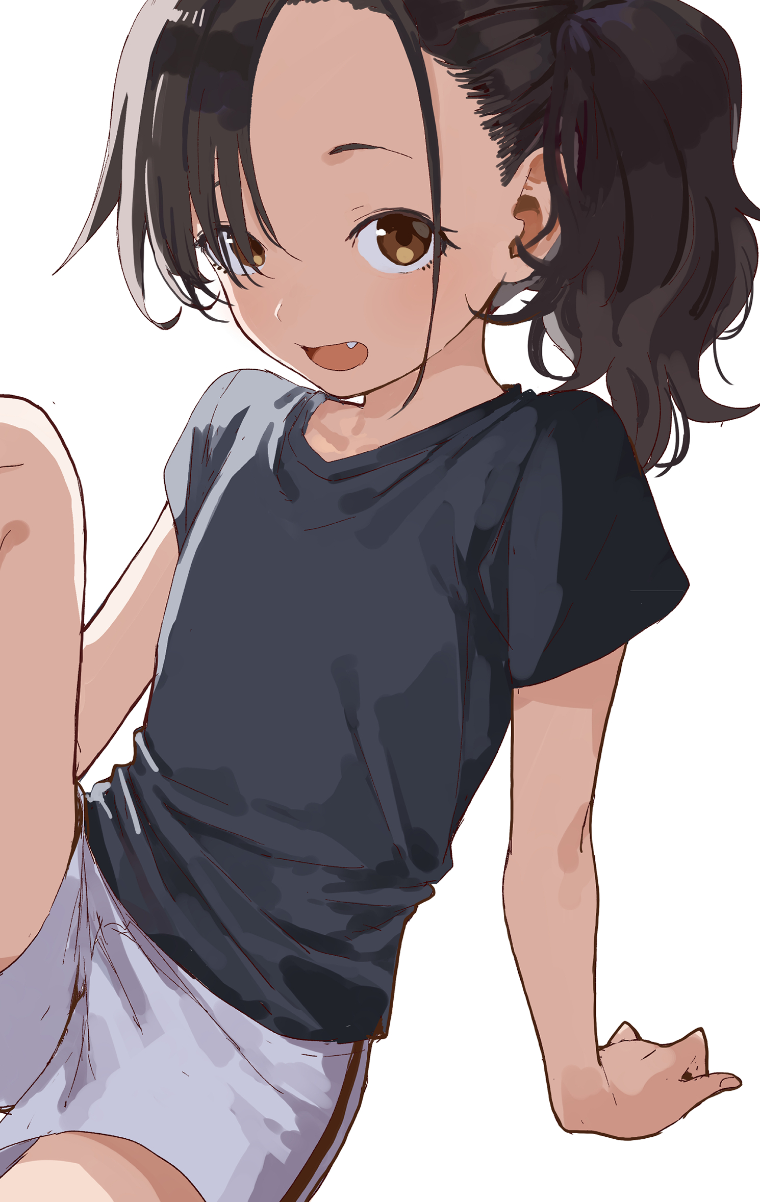 yamamoto souichirou, original, commentary request, highres, 1girl, :d, arm support, black shirt, brown eyes, brown hair, fang, hair over one eye, knee up, looking at viewer, open mouth, ponytail, shirt, short sleeves, shorts, side ponytail, simple background, sitting, smile, solo, t-shirt, white background, white shorts