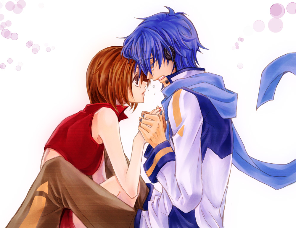 norihe, kaito (vocaloid), meiko (vocaloid), vocaloid, bad id, bad pixiv id, 1boy, 1girl, blue hair, blue scarf, brown eyes, brown hair, closed eyes, couple, headset, hetero, holding hands, open mouth, scarf, short hair, sitting, tears