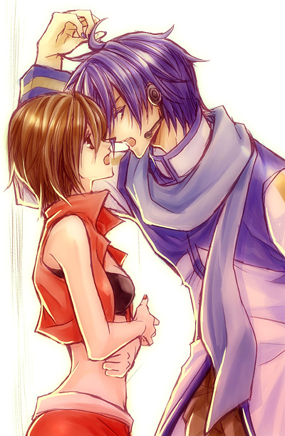 norihe, kaito (vocaloid), meiko (vocaloid), vocaloid, bad id, bad pixiv id, 1boy, 1girl, ahoge, blue eyes, blue hair, breasts, brown eyes, brown hair, cleavage, couple, headset, hetero, midriff, open mouth, scarf, short hair
