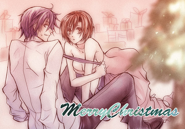 norihe, kaito (vocaloid), meiko (vocaloid), vocaloid, bad id, bad pixiv id, 1boy, 1girl, ahoge, blue hair, breasts, brown eyes, brown hair, cleavage, clothes grab, dress, formal clothes, grin, necktie, necktie grab, neckwear grab, scarf, short hair, sitting, smile, sweat