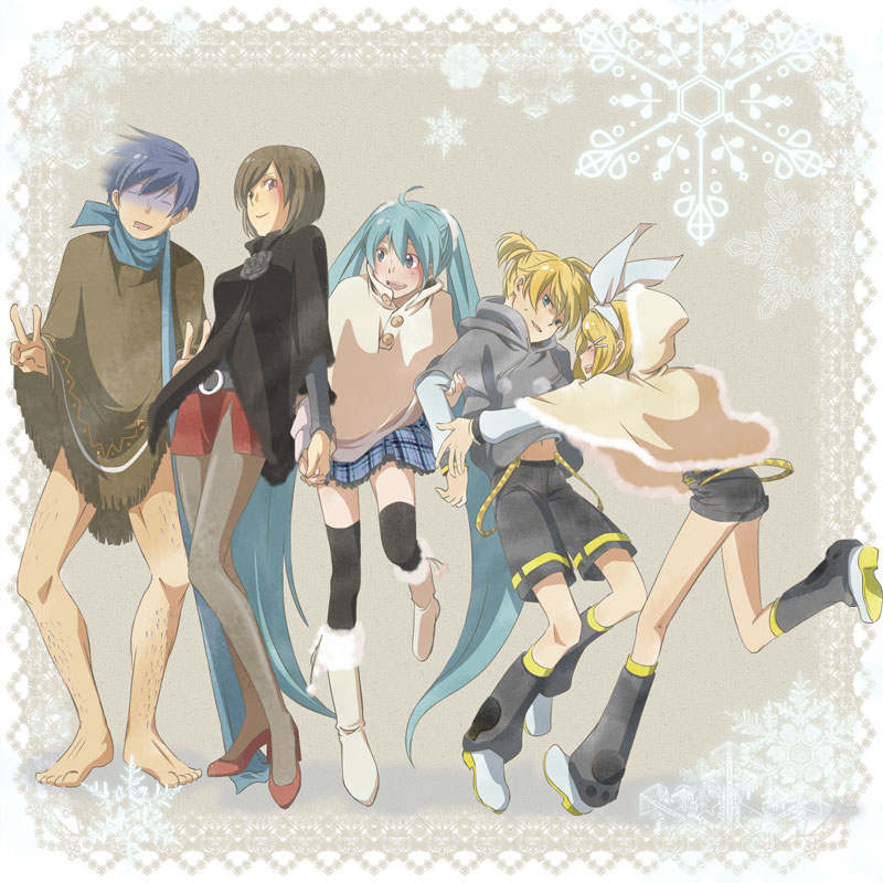 hk, hatsune miku, kagamine len, kagamine rin, kaito (vocaloid), meiko (vocaloid), vocaloid, black legwear, red footwear, bad id, bad pixiv id, 2boys, 3girls, ahoge, aqua eyes, aqua hair, blonde hair, blue eyes, blue hair, blue scarf, boots, brown eyes, brown hair, fringe trim, fur trim, hair ornament, hair ribbon, hairclip, hairy legs, holding hands, legs, multiple boys, multiple girls, pantyhose, plaid clothes, plaid skirt, poncho, ribbon, scarf, shoes, short hair, skirt, smile, sweat, thighhighs, twintails, v