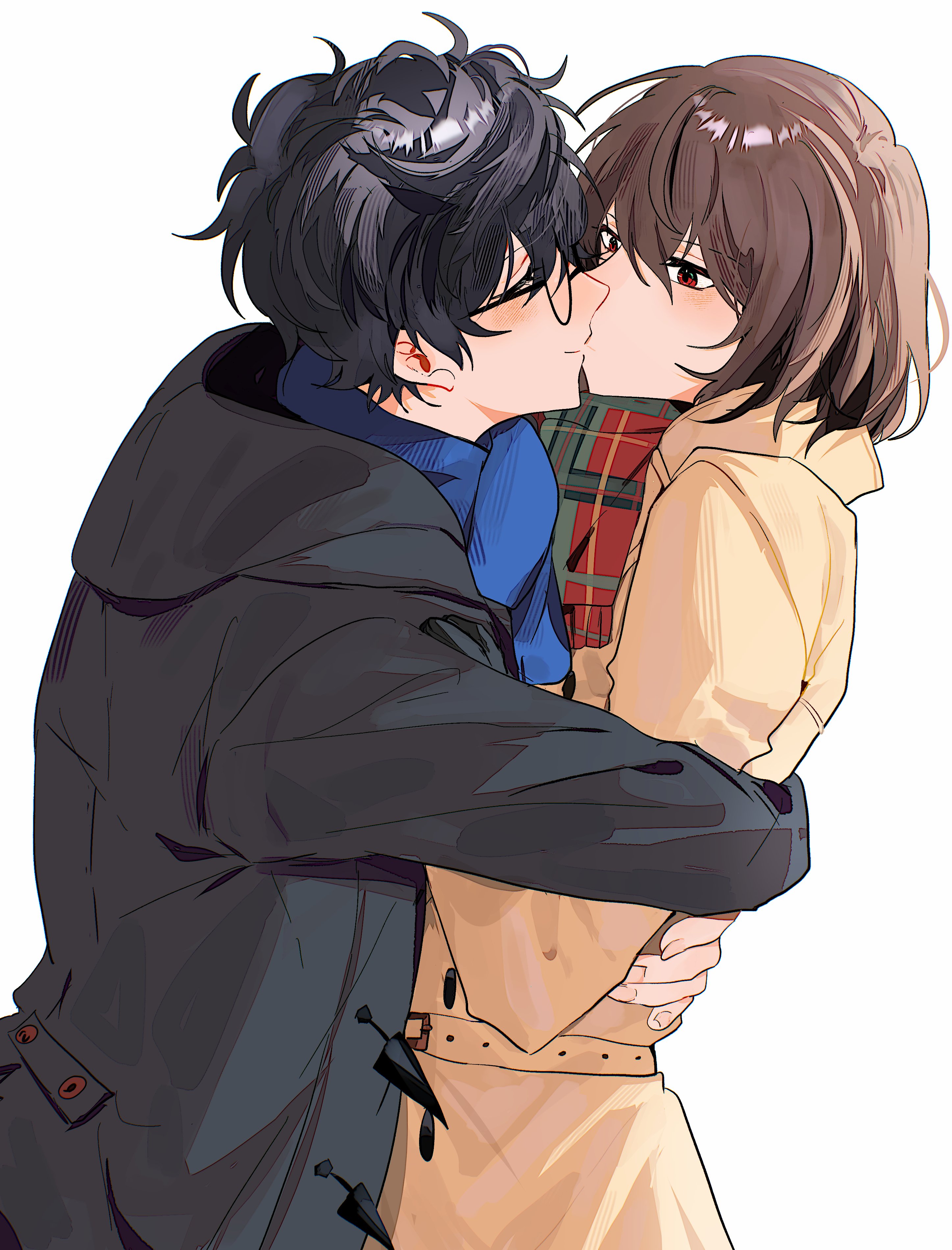 fsmaichobpeg0, akechi gorou, amamiya ren, persona, persona 5, persona 5 the royal, absurdres, highres, 2boys, arms around waist, black-framed eyewear, black coat, black hair, blue scarf, blush, brown coat, brown hair, closed eyes, closed mouth, coat, face-to-face, facing another, glasses, hood, hooded coat, hug, kiss, male focus, messy hair, multiple boys, plaid clothes, plaid scarf, red eyes, scarf, short hair, simple background, smile, upper body, white background, yaoi
