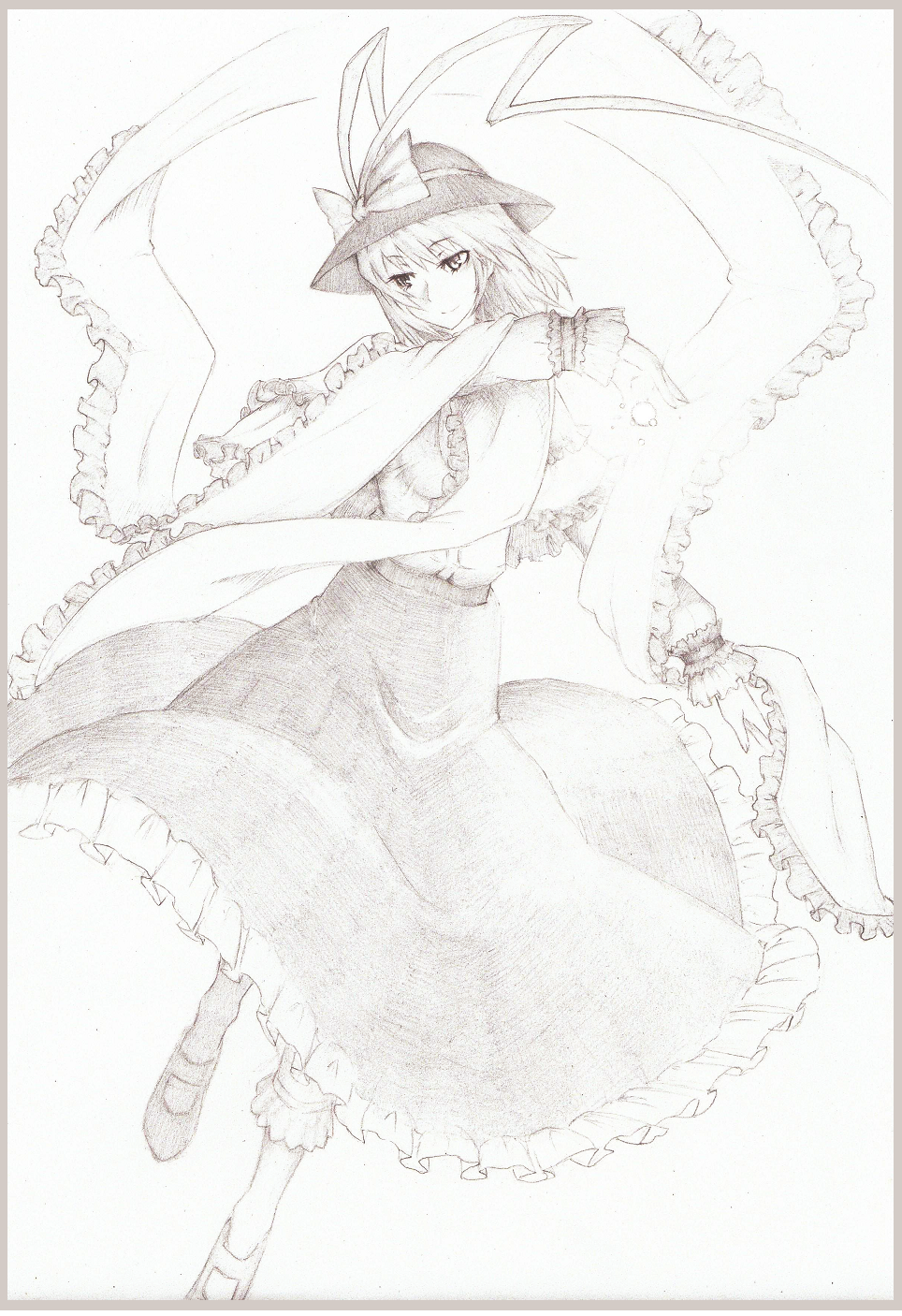 9gennfox, nagae iku, touhou, bad id, bad pixiv id, highres, traditional media, 1girl, female focus, greyscale, hat, monochrome, ribbon, skirt, solo, white background