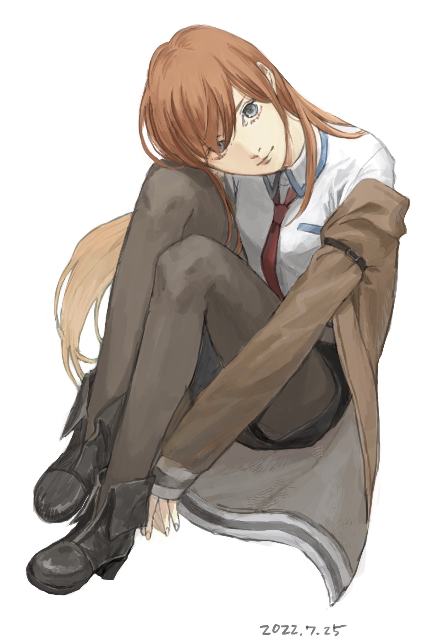 miya (hooooo), makise kurisu, science adventure, steins;gate, highres, 1girl, arm belt, blue eyes, brown jacket, closed mouth, full body, hair between eyes, jacket, long hair, long sleeves, looking at viewer, necktie, pantyhose, pantyhose under shorts, red necktie, shorts, sitting, solo, white background