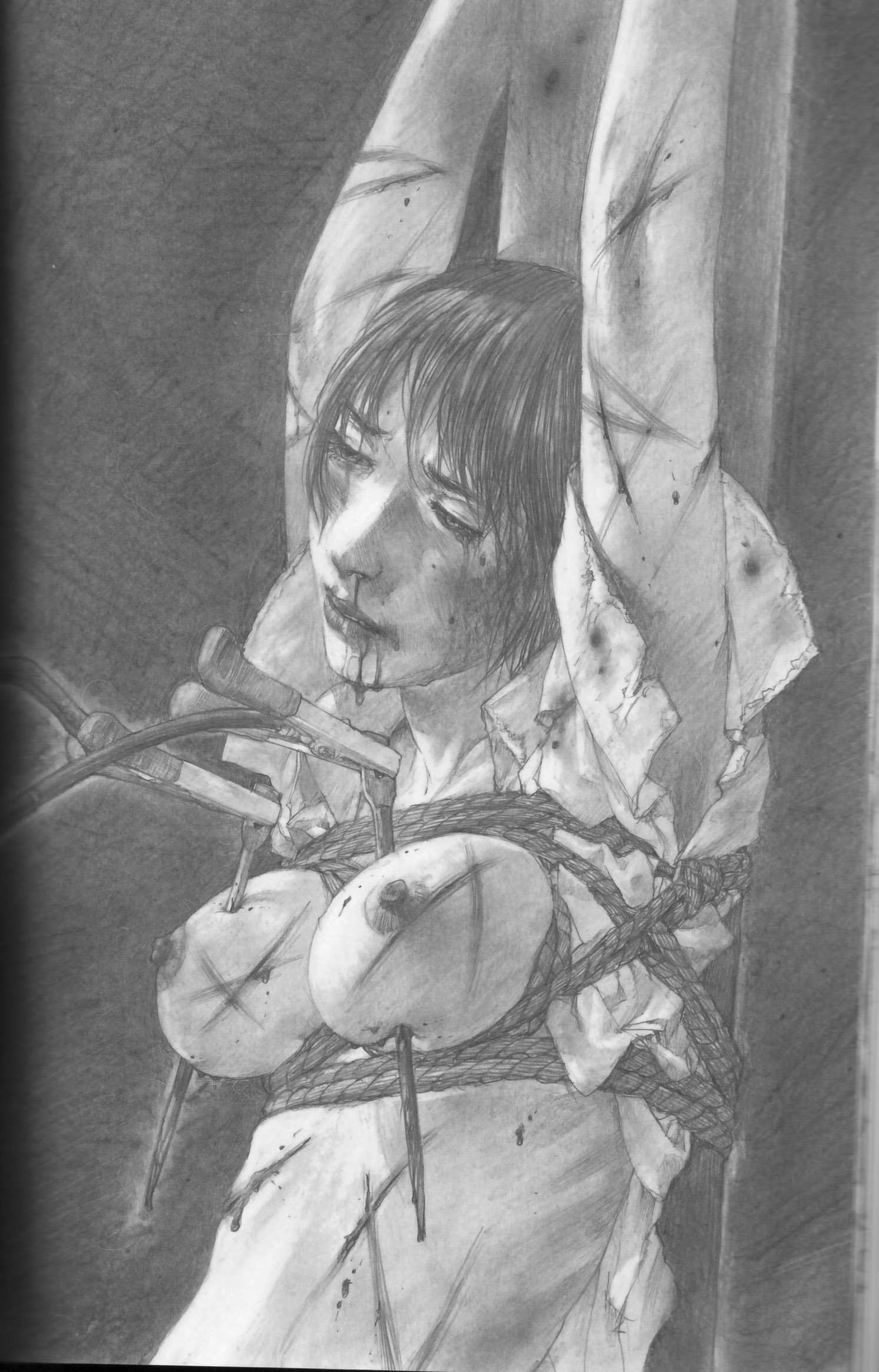 hiroaki samura, highres, 1girl, bdsm, black hair, blood, bondage, bound, breasts, covered erect nipples, cuts, electrocution, female focus, guro, injury, monochrome, nipples, nosebleed, pencil, realistic, rope, short hair, solo, tears, torture