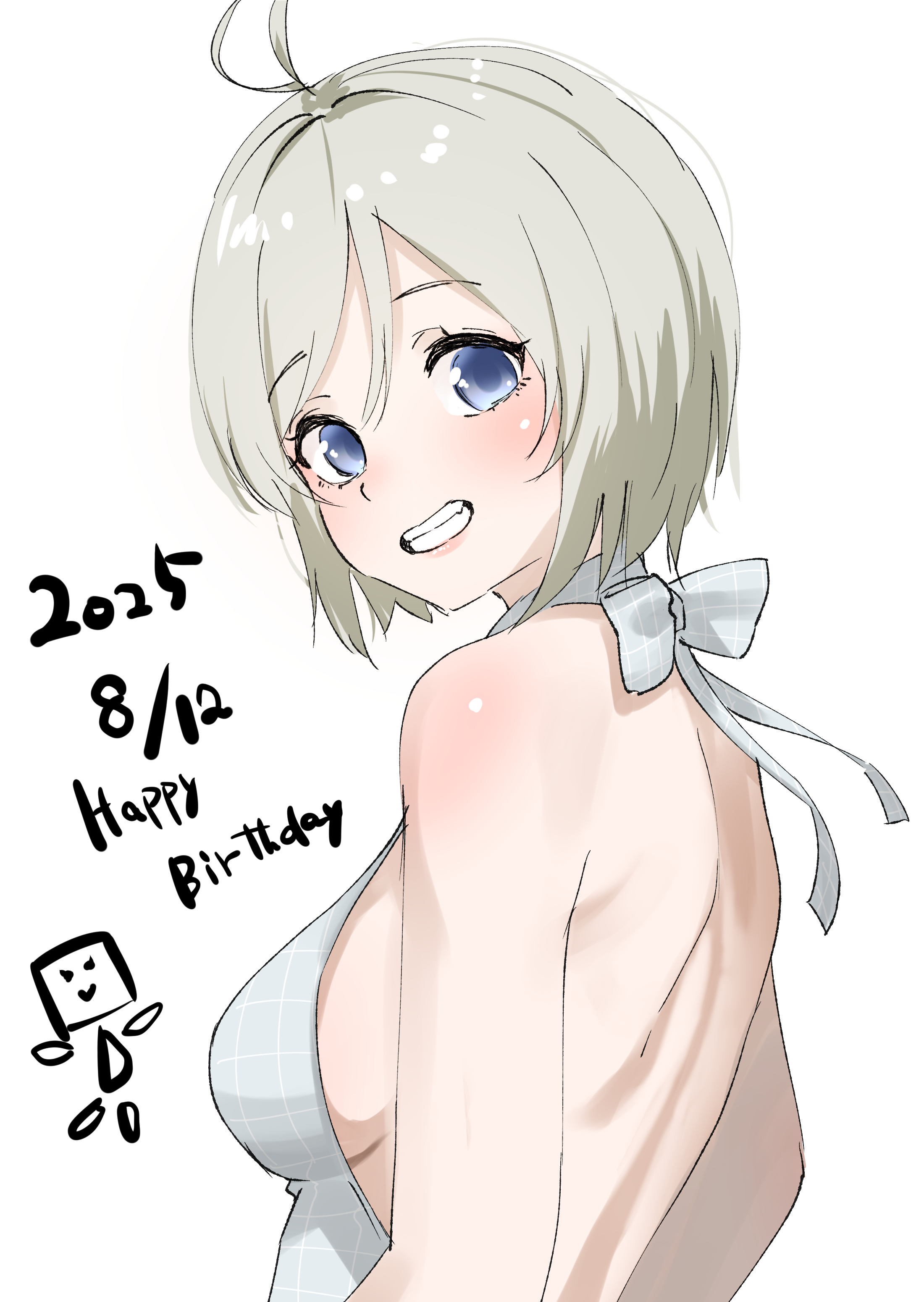 tama (tamago), dennou shoujo siro, .live, absurdres, commentary request, highres, 1girl, antenna hair, backless outfit, blonde hair, blue eyes, breasts, dated, from side, grin, hair intakes, halterneck, happy birthday, looking at viewer, medium breasts, shoulder blades, sideboob, smile, solo, upper body, virtual youtuber