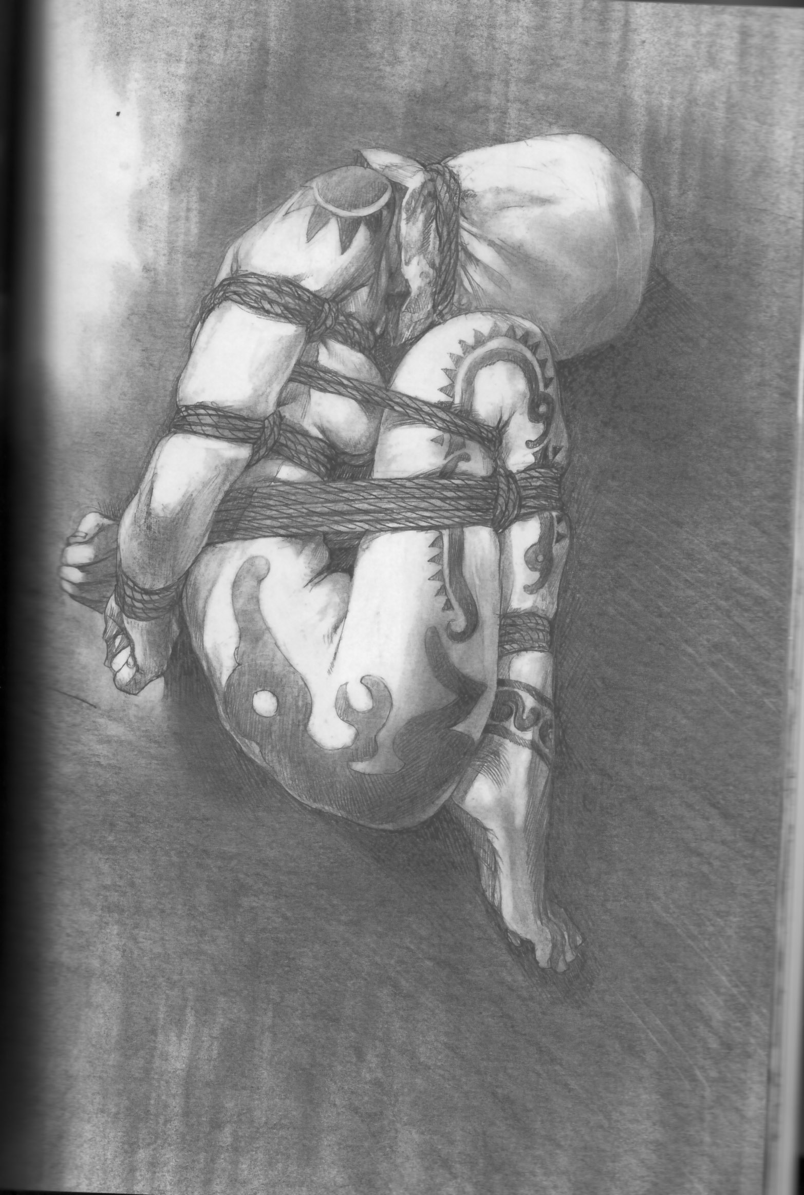 hiroaki samura, highres, 1girl, arms behind back, barefoot, bdsm, bondage, bound, breasts, female focus, monochrome, nude, pencil, realistic, rope, solo, tattoo, toes