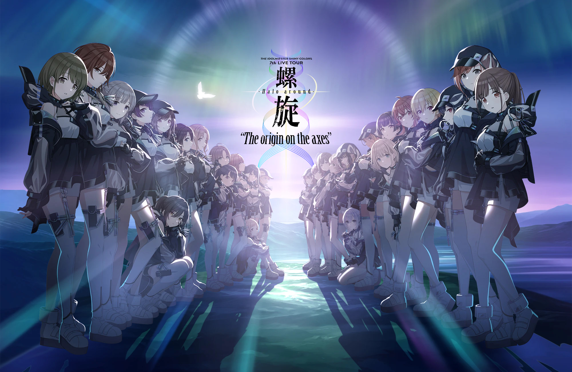 aketa mikoto, arisugawa natsuha, asakura toru, fukumaru koito, hachimiya meguru, higuchi madoka, ichikawa hinana, ikaruga luca, ikuta haruki, izumi mei, kazano hiori, komiya kaho, kuwayama chiyuki, mayuzumi fuyuko, mitsumine yuika, morino rinze, nanakusa nichika, osaki amana, osaki tenka, saijo juri, sakuragi mano, serizawa asahi, shirase sakuya, sonoda chiyoko, suzuki hana, tanaka mamimi, tsukioka kogane, yukoku kiriko, idolmaster, idolmaster shiny colors, highres, key visual, official art, promotional art, 6+girls, ankle boots, black gloves, black hair, blonde hair, boots, brown eyes, brown hair, fingerless gloves, gloves, green hair, grey hair, hat, hood, long hair, long sleeves, looking at viewer, mountainous horizon, multiple girls, platform shoes, purple eyes, purple hair, rain, ruins, see-through clothes, see-through sleeves, short hair, shorts, single thighhigh, sitting, squatting, thigh strap, thighhighs, white shorts