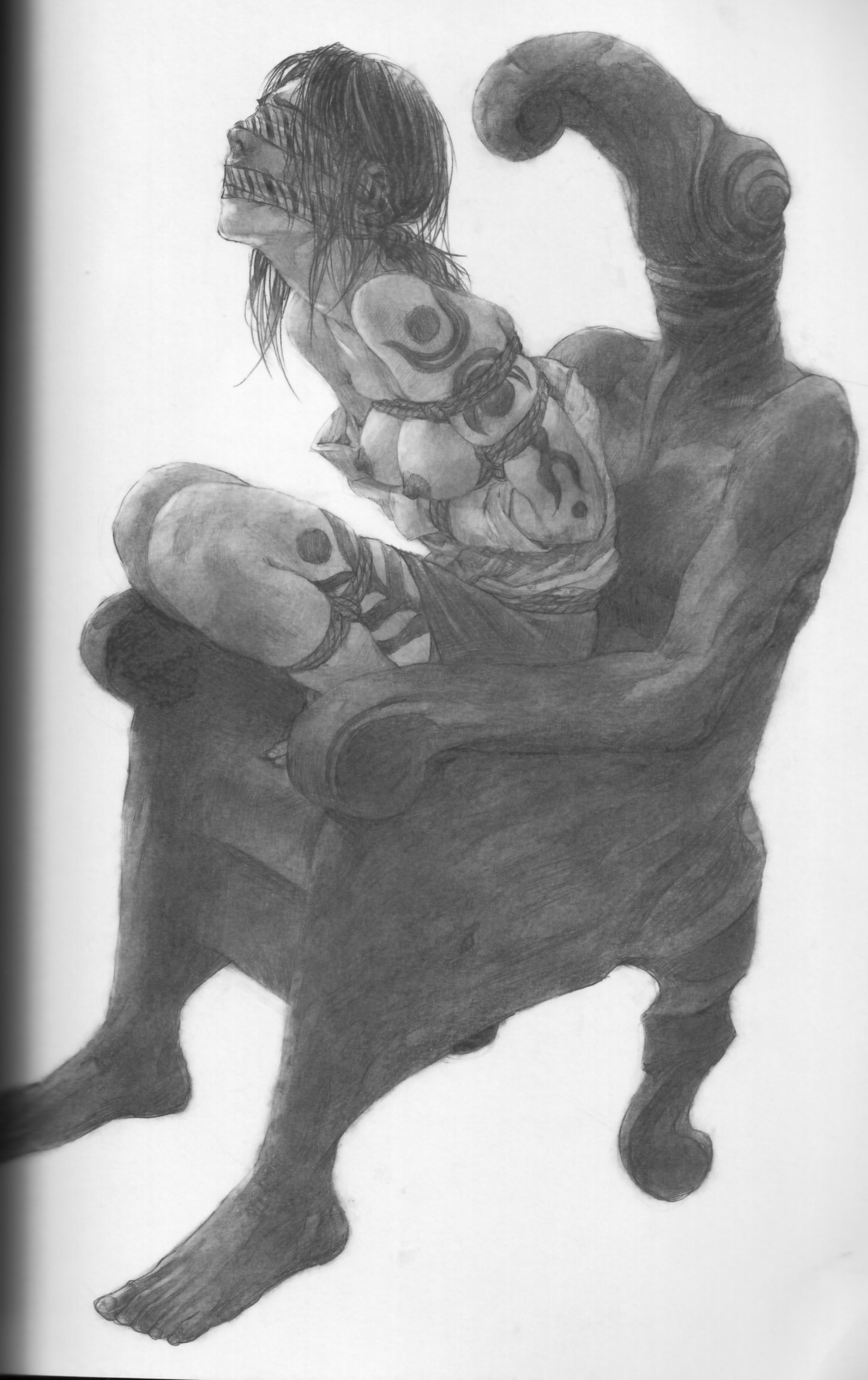 hiroaki samura, highres, 1girl, bdsm, black hair, blindfold, bondage, bound, breasts, chair, cleave gag, cloth gag, female focus, gag, gagged, improvised gag, long hair, monochrome, nipples, pencil, realistic, rope, shibari, simple background, sitting, solo