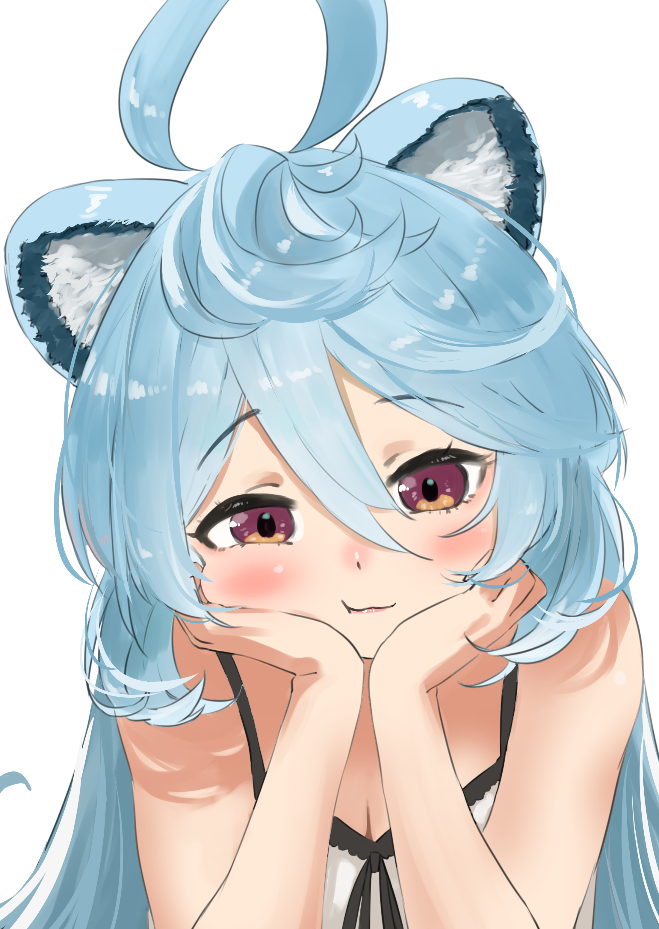 tama (tamago), watanuki neguse, .live, absurdres, commentary request, highres, 1girl, :t, ahoge, animal ear fluff, animal ears, bare arms, bare shoulders, blue hair, blush, breasts, brown eyes, camisole, cleavage, closed mouth, hair between eyes, hands on own cheeks, hands on own face, head rest, long hair, looking at viewer, pout, purple eyes, raccoon ears, raccoon girl, raised eyebrows, simple background, sleeveless, small breasts, solo, upper body, virtual youtuber, white background, white camisole