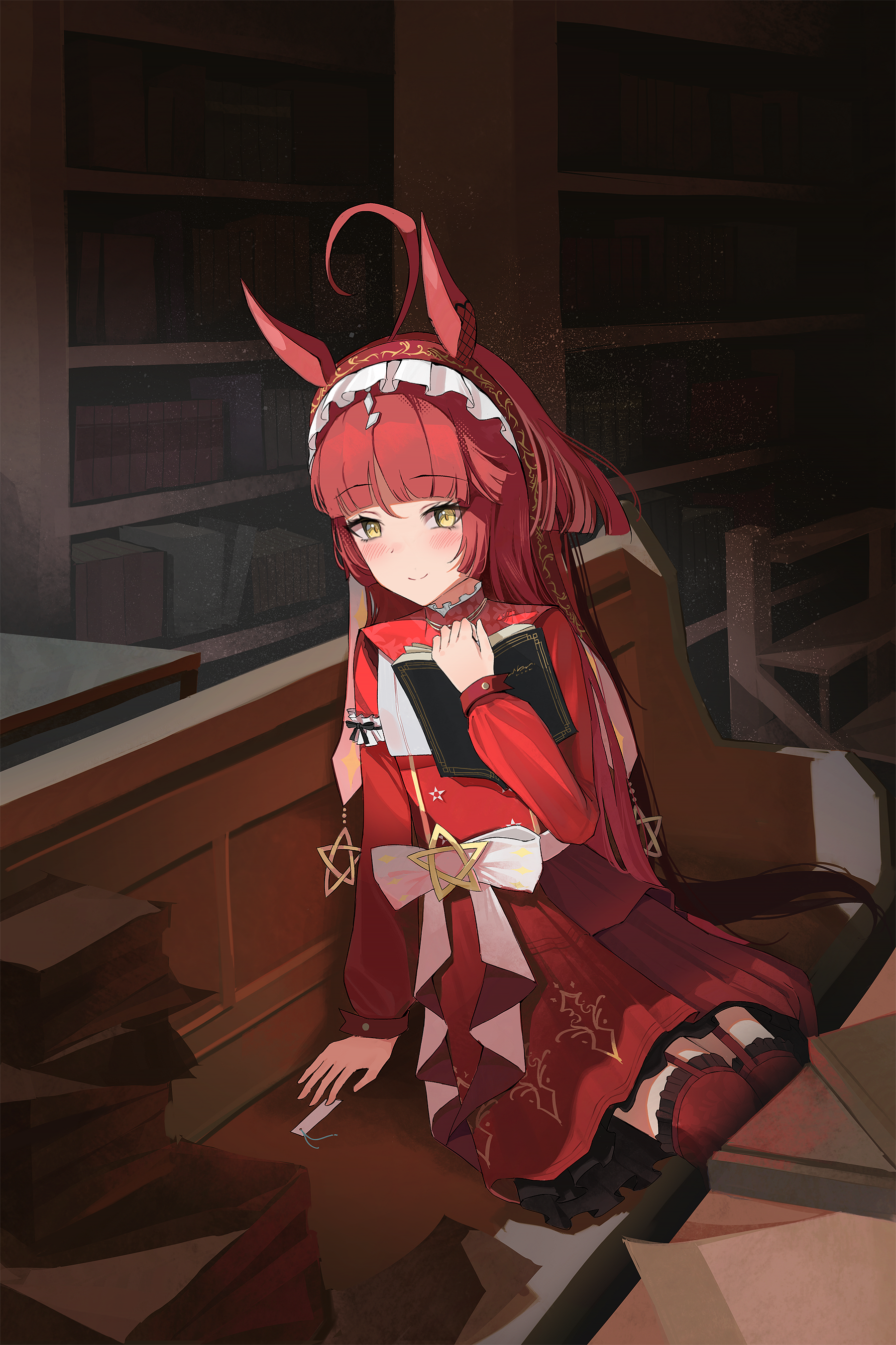 dev grater, red desire (umamusume), umamusume, absurdres, highres, 1girl, ahoge, animal ears, blunt bangs, blunt ends, blunt sidelocks, blush, book, brown headdress, closed mouth, dress, frilled hairband, frills, hair between eyes, hairband, holding, holding book, horse ears, horse girl, horse tail, indoors, library, long hair, long sleeves, red dress, red hair, red hairband, red headdress, sidelocks, sitting, smile, solo, star ornament, tail, yellow eyes