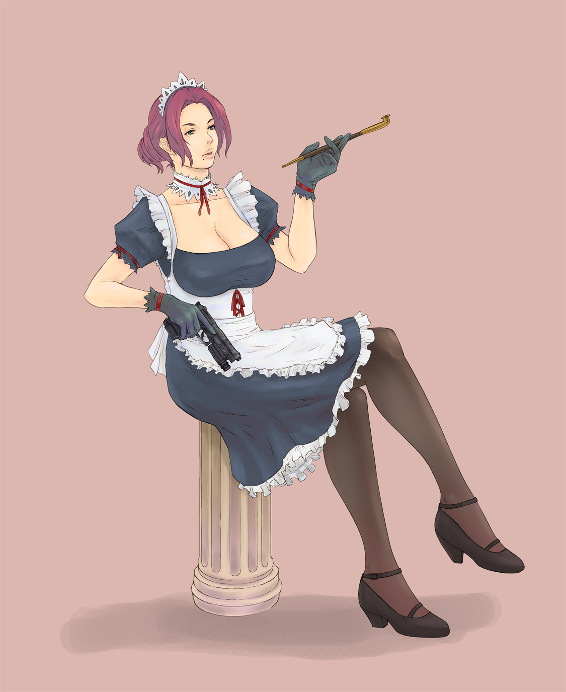alva, highres, 1girl, breasts, cleavage, combat maid, crossed legs, female focus, gloves, green eyes, gun, handgun, high heels, holding, holding smoking pipe, kiseru, large breasts, maid, pantyhose, pistol, purple hair, sitting, smoking pipe, solo, strappy heels, trigger discipline, weapon
