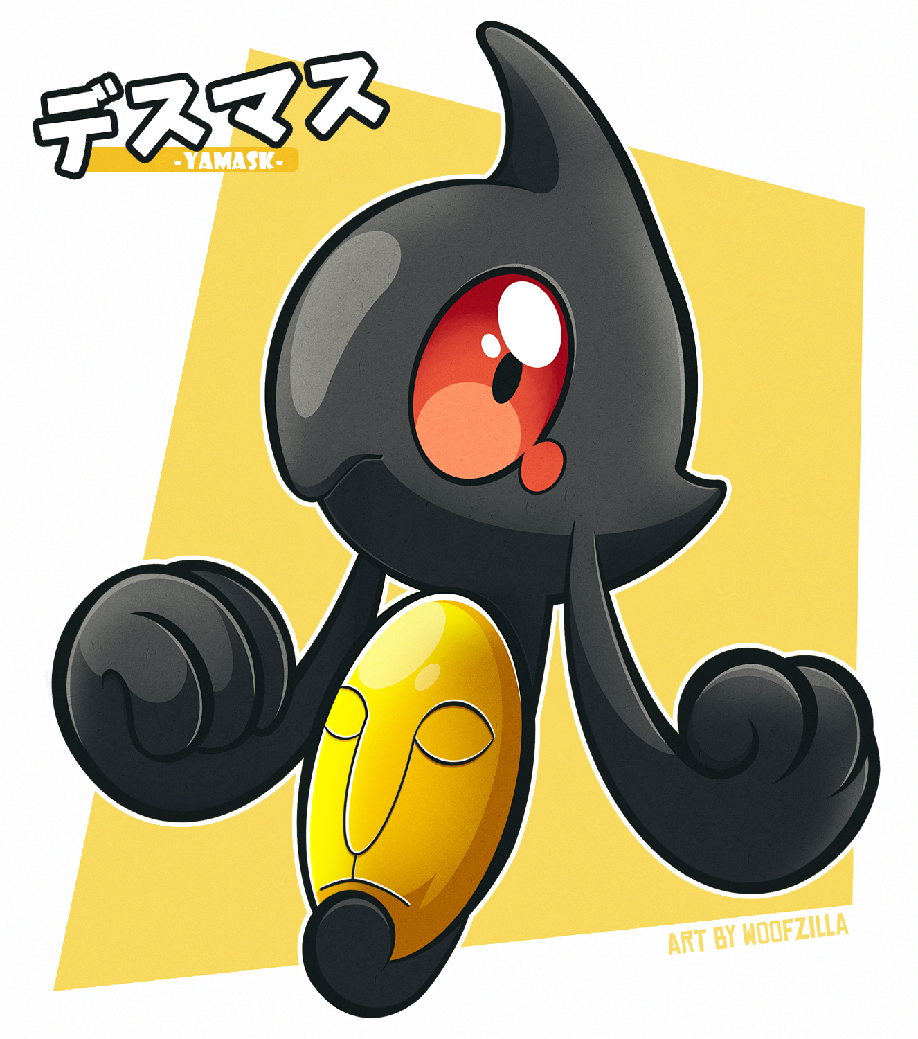 woofzilla, yamask, nintendo, pokemon, highres, translation request, artist name, border, character name, closed mouth, full body, gen 5 pokemon, looking at viewer, mask, no humans, outline, pokemon (creature), red eyes, solo, white border, white outline