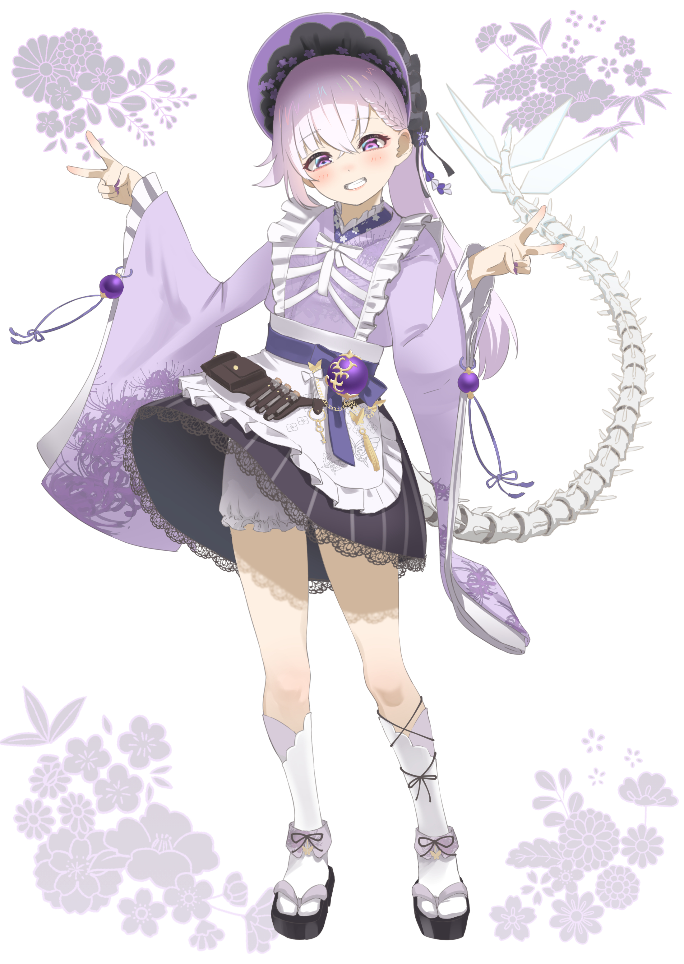 tama (tamago), carro pino, .live, absurdres, commentary request, highres, 1girl, apron, black sandals, black skirt, bloomers, bonnet, braid, double v, full body, miniskirt, pink eyes, pink hair, purple nails, sandals, skirt, socks, solo, tail, underwear, v, virtual youtuber, waist apron, white bloomers, white socks, wide sleeves