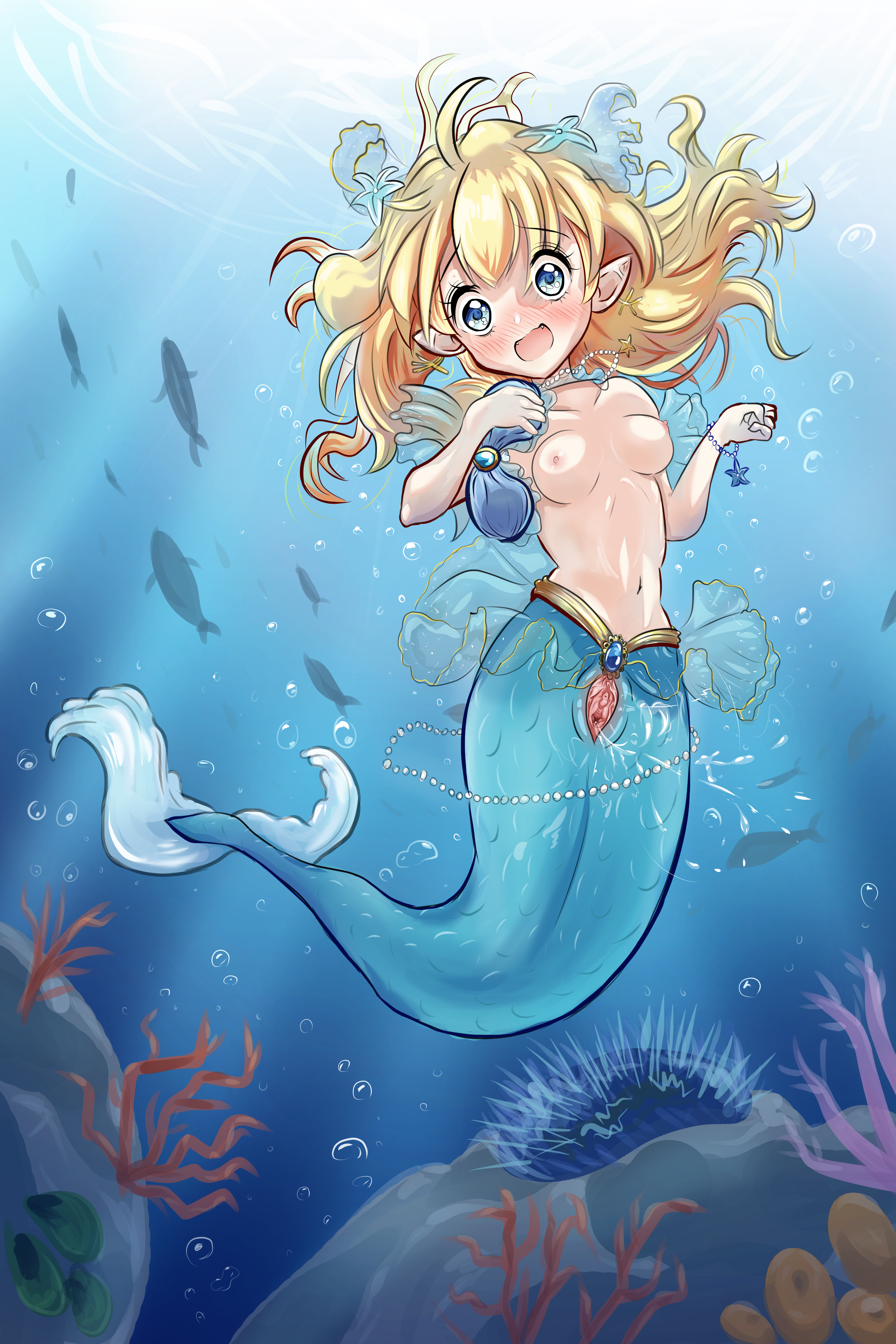 hyperlolicrisis, jashin-chan, jashin-chan dropkick, absurdres, highres, 1girl, alternate costume, blonde hair, blue eyes, blush, breasts, bubble, coral, earrings, fish, gem, hair ornament, jewelry, long hair, mermaid, monster girl, navel, necklace, nipples, open mouth, pearl (gemstone), polearm, pussy, trident, underwater, weapon